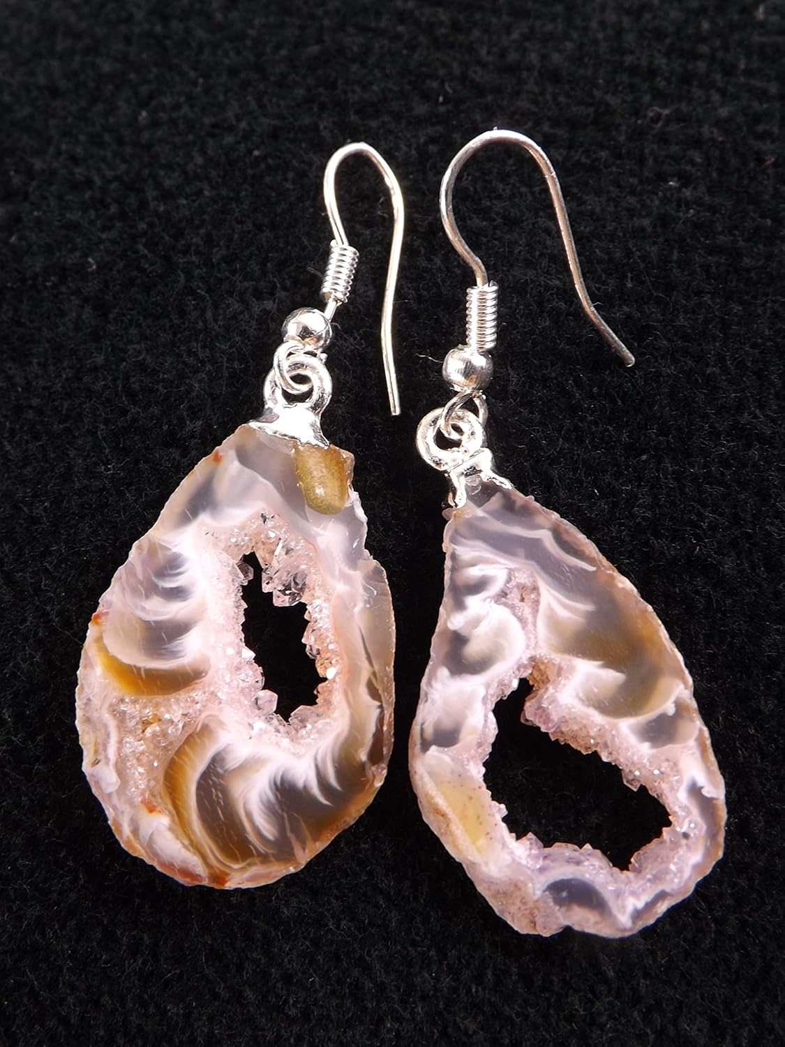 Agate Geode Gemstone Earrings, Stone Slice w/Druzy Crystals Center, 1-1.5 inch Dangle, Natural Edge, in Gift Box