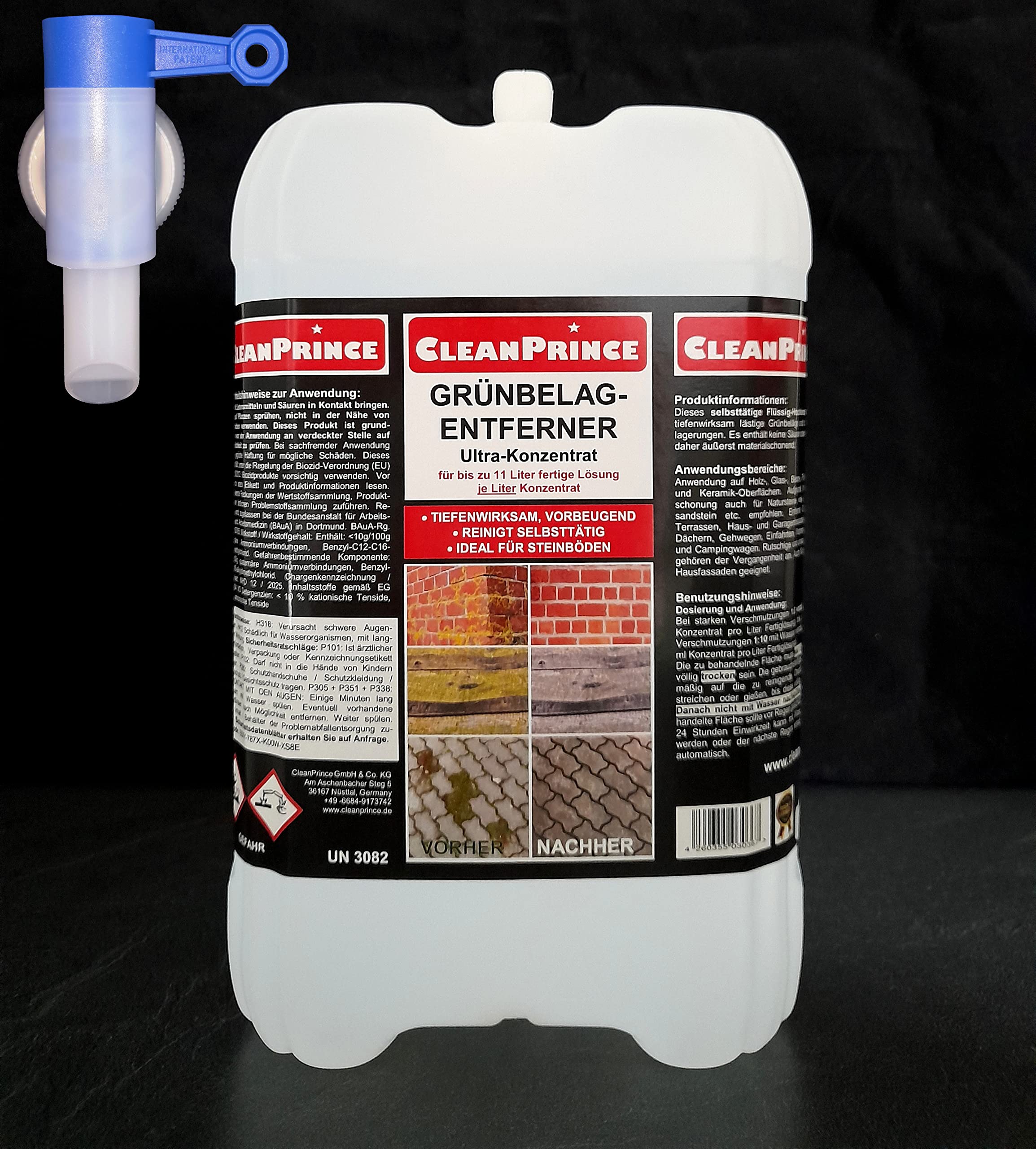 Cleanprince Eliminador de Verdín 5 Litros Alta Concentración 5000ML Musgo Verdete Trenzar Suelos Retirar Limpieza Limpiador Witterungsrückstände Madera Cerámica Cristal Plástico Cercas Hof