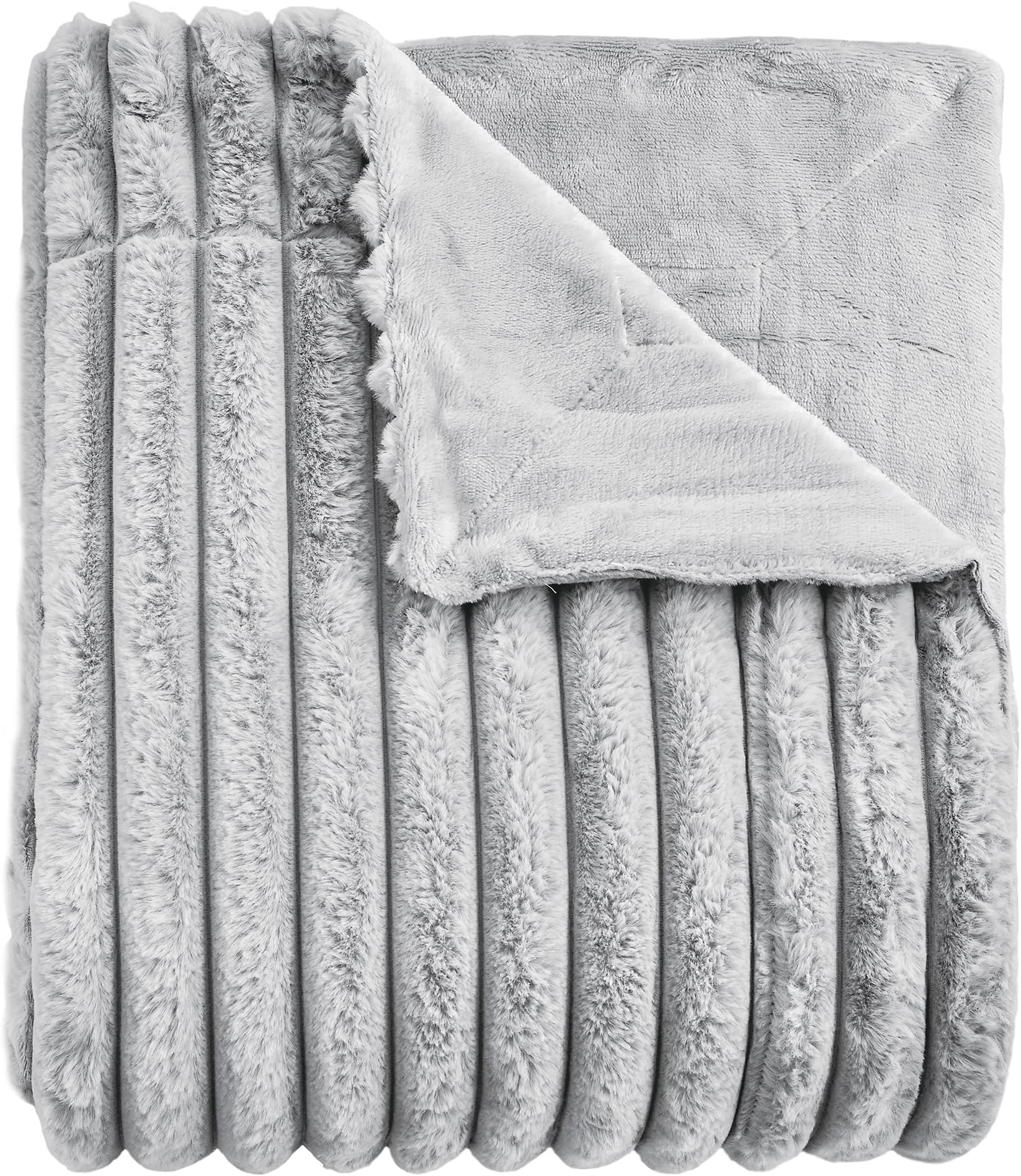 softanWarm Fuzzy Faux Fur Blanket, Soft Striped Fleece Throw Blanket for Couch Sofa Bed Livingroom, Grey - Double 150 x 200 cm