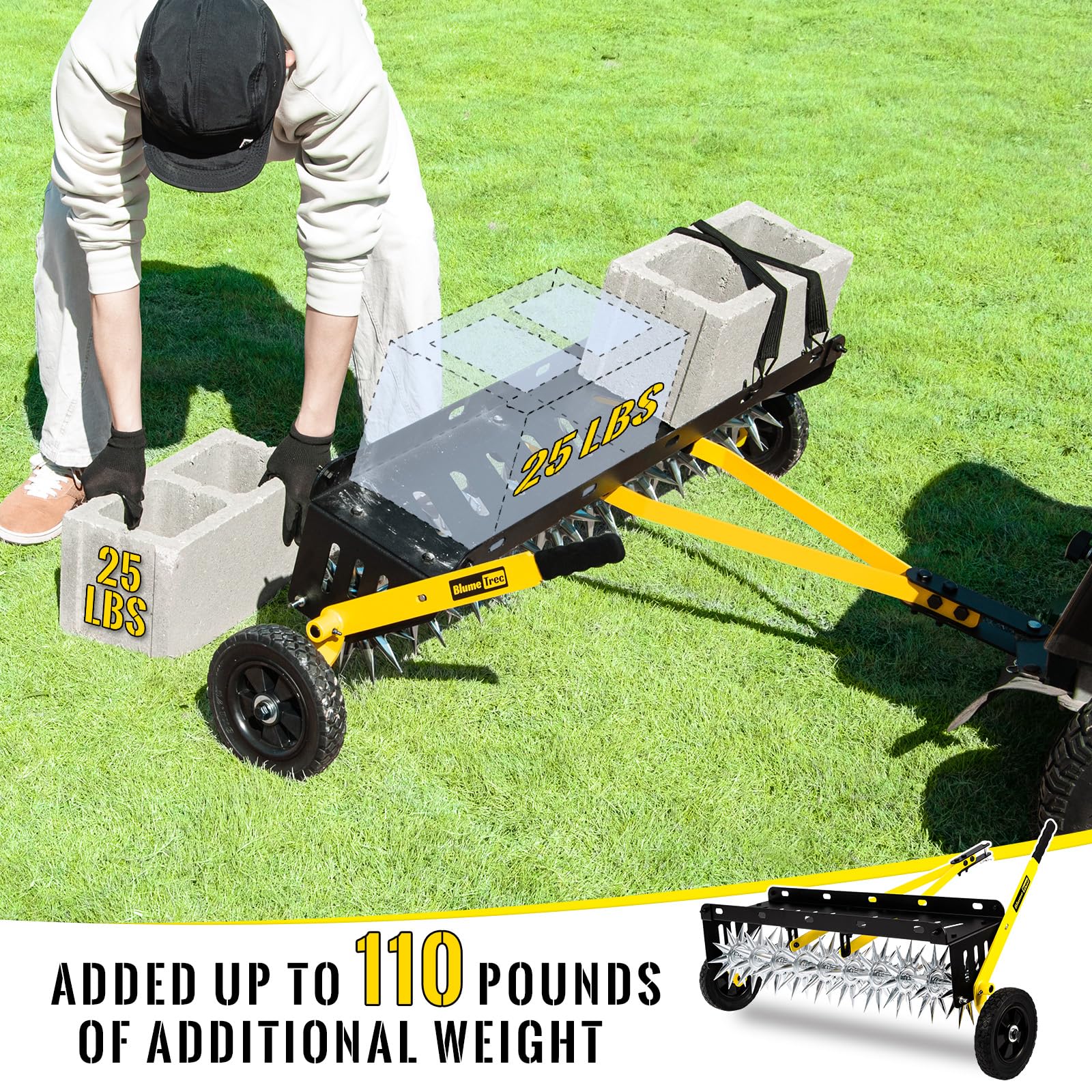 Aeratore da traino da 101 cm, con 10 denti in acciaio zincato per aerare prati, trattore con ruote, gancio di traino extra largo per giardino e fattoria