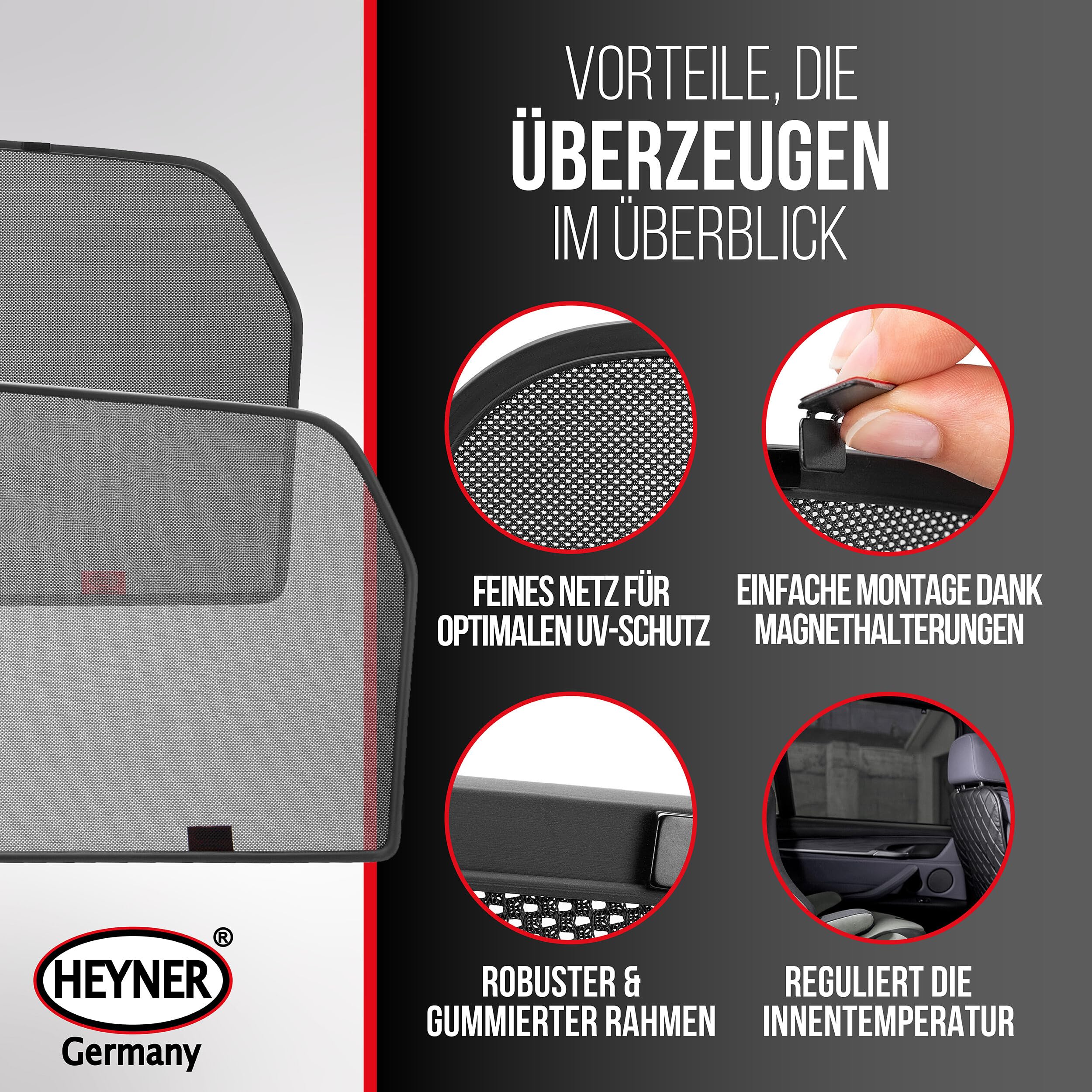 HEYNER® Sonnenschutz Magnethalterung Seat Leon (3) ab 2012 – 2er Set für hintere Türen, passgenau, grau, gummierter Rahmen