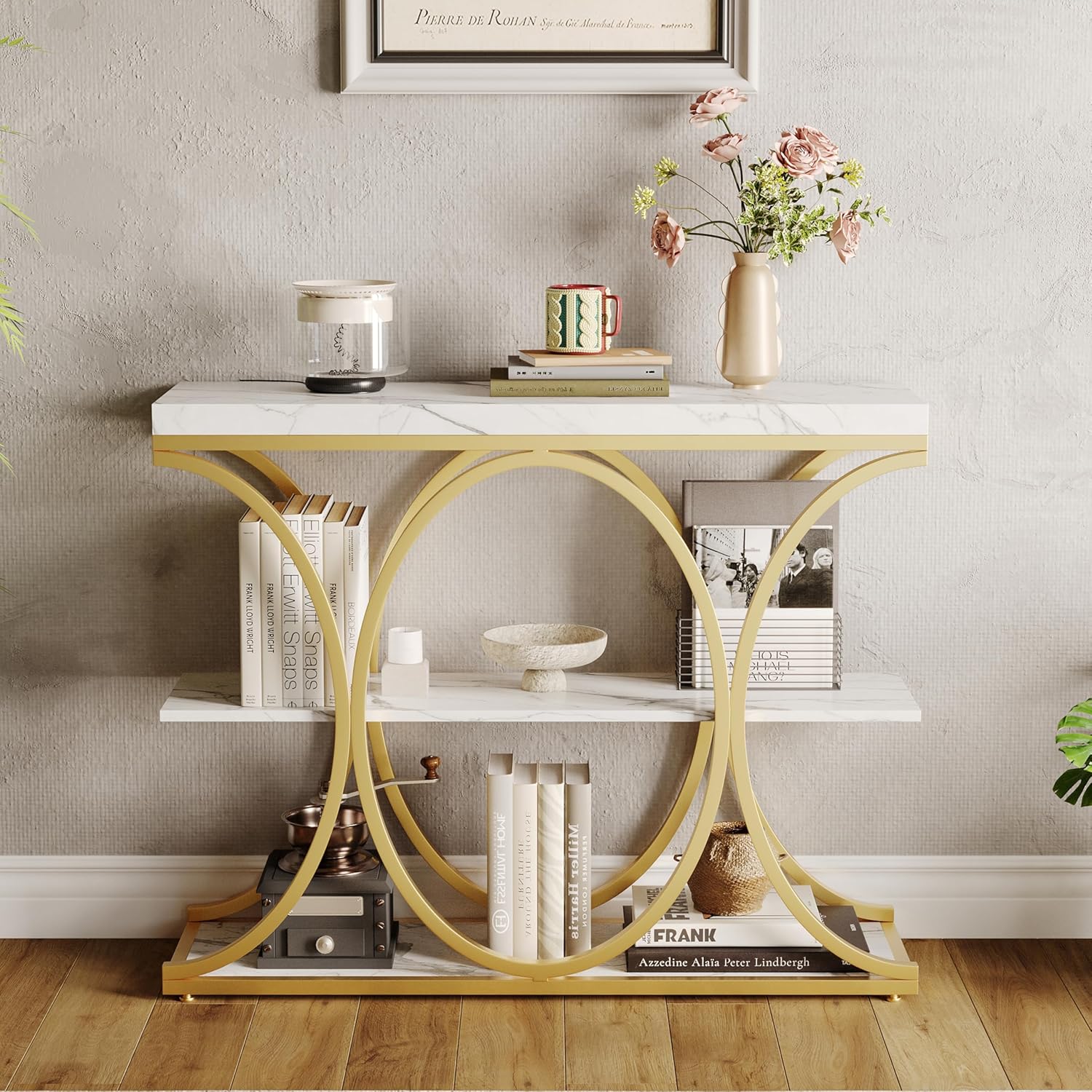 3-Tier Industrial Entryway Table with Oval-shaped Metal Frame, Open Shelf Console Sofa Table for Living Room, Hallway, Foyer Storage Accent Table with Adjustable Feet, Rustic Wood Top (White)