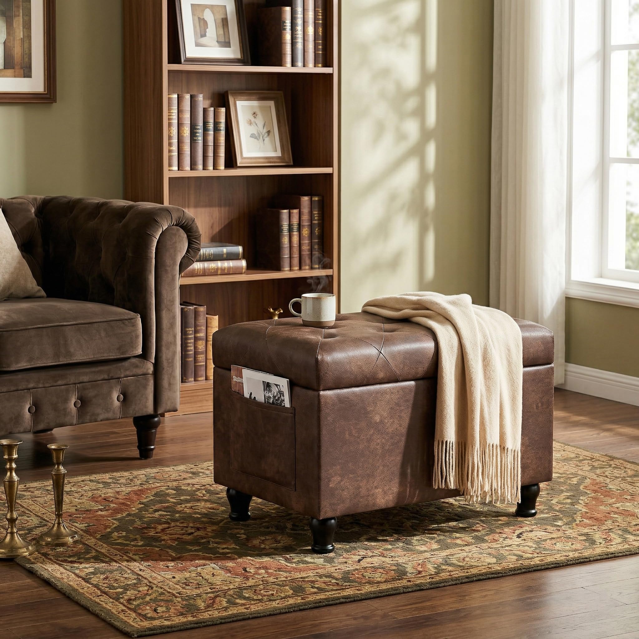 24" Brown Ottoman with Storage, Faux Leather Footrest Stool