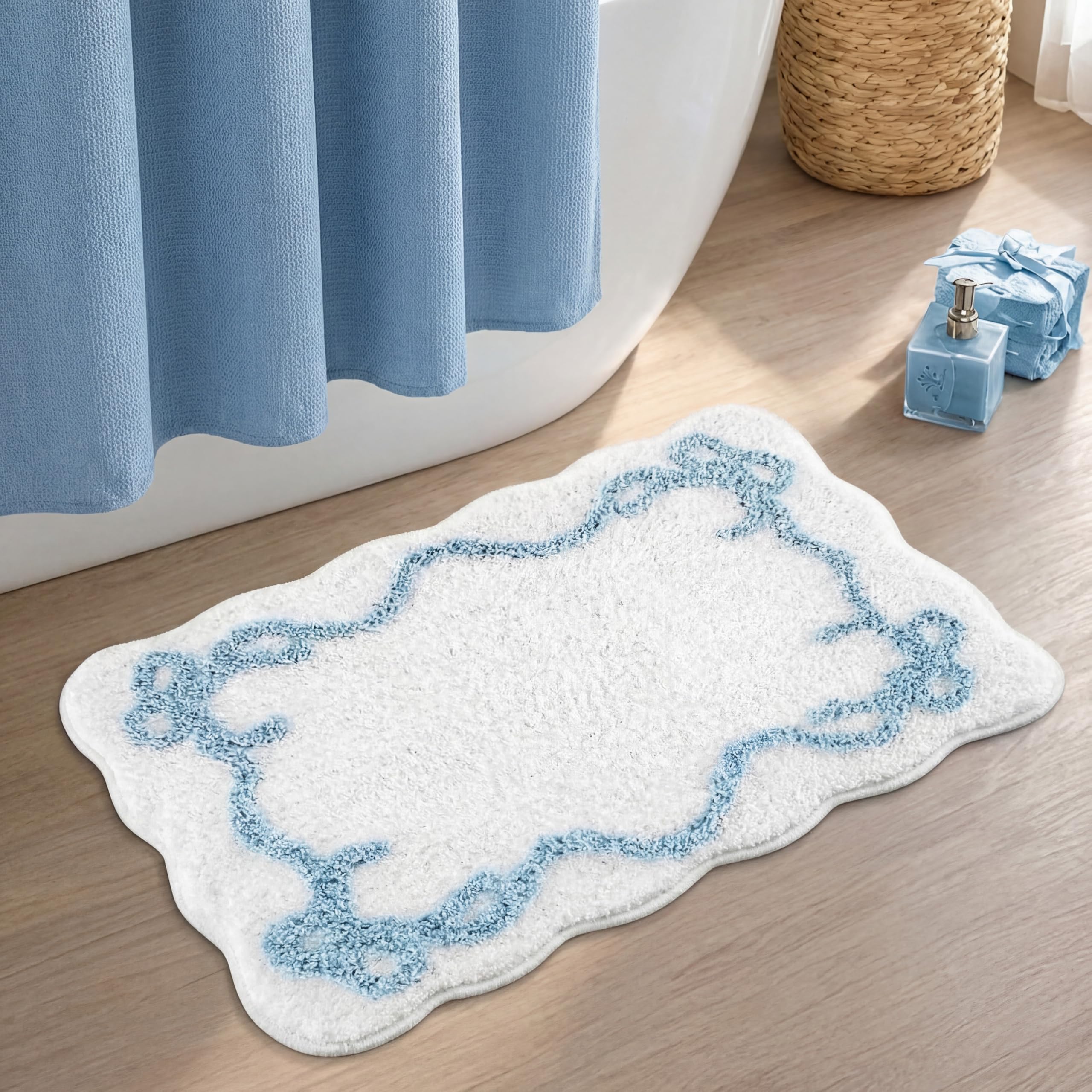 Tinideya Bow Bathmat Rug with Scalloped Wavy Ripple Design, Microfiber Absorbent Non Slip Tufted Rug Aesthetic Coquette Room Decor for Floor Shower