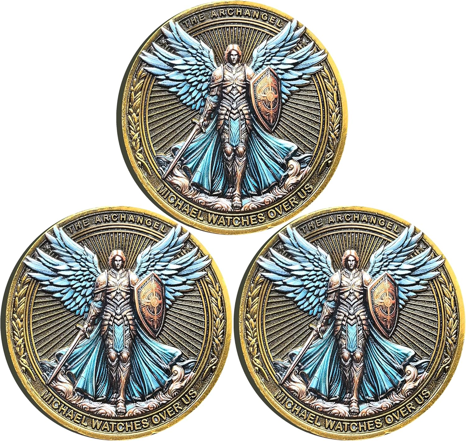 The Archangel Michael Watches Over Us Challenge Coin - Psalm 91:10-11 Inspirational Religious Collectible Coin with Clear Protective Case (Pack of 3)