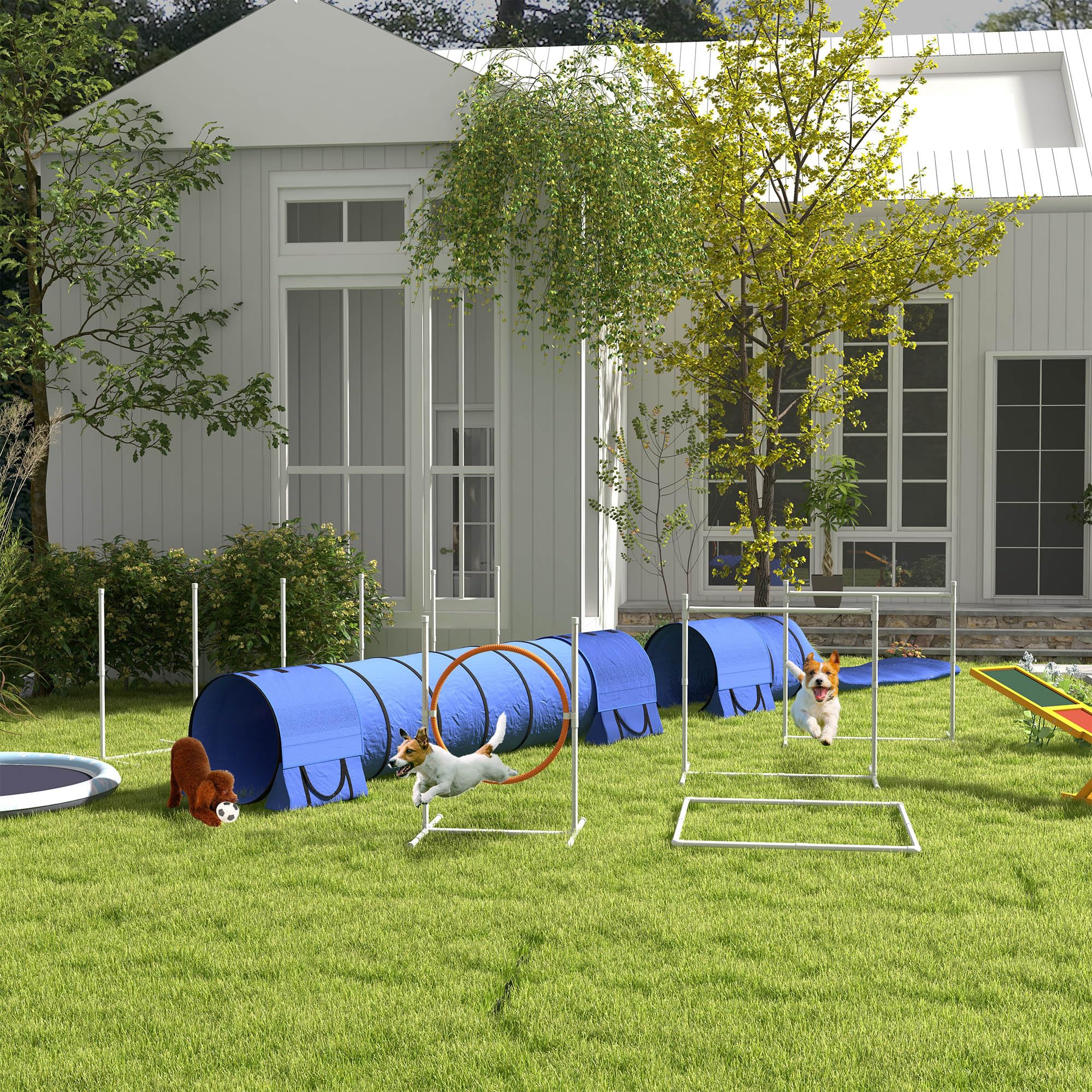 PawHut Set Agilty Dog 7 Pezzi con Fischietto, 2 Picchetti e 3 Sacchi di Sabbia, Percorso Agility Dog in Plastica e ABS con Borsa da Trasporto, 67x63x93 cm, Bianco Arancione Blu