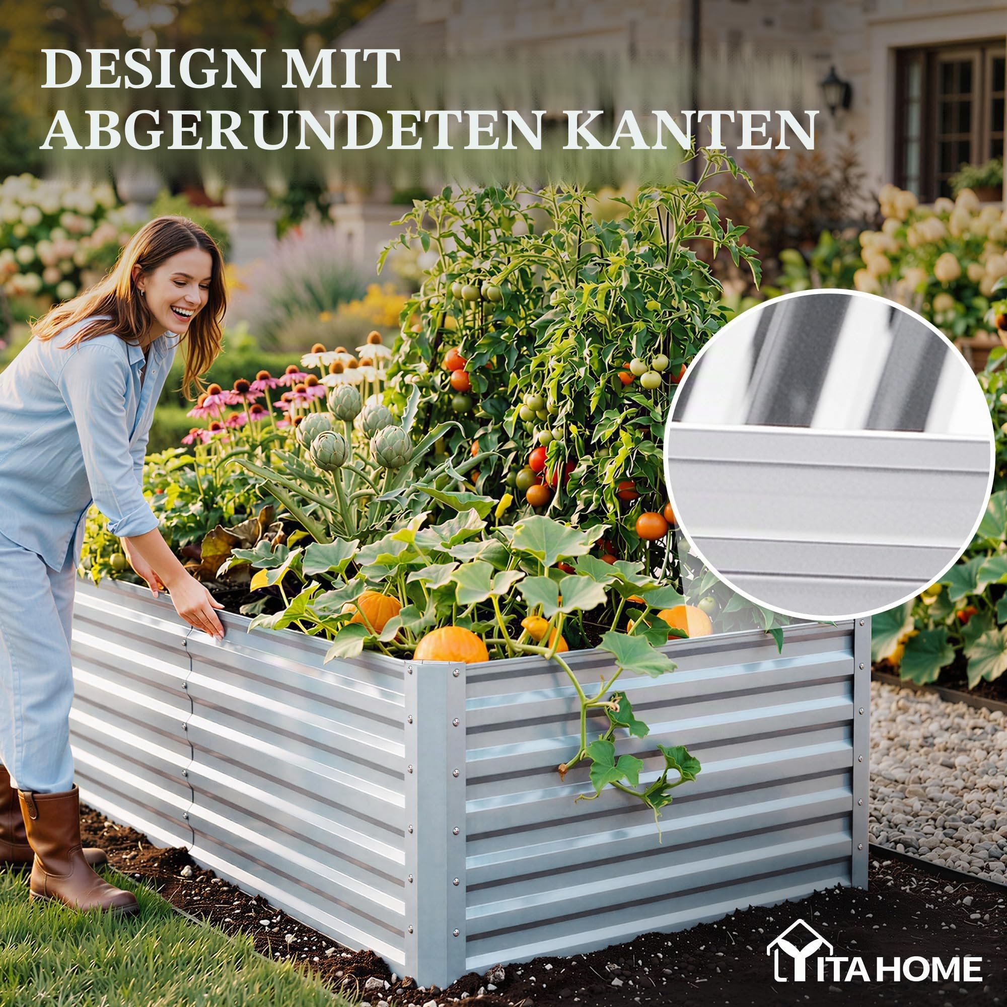 YITAHOME Hochbeete für Garten,870L Hochbeet aus Metall mit 0,35mm verzinkter Stahl, Pflanzkasten mit Sicherheitsrand und 4 Stützstangen für Gartenobst und gemüse (2X Silber,180 x 90 x 54CM)