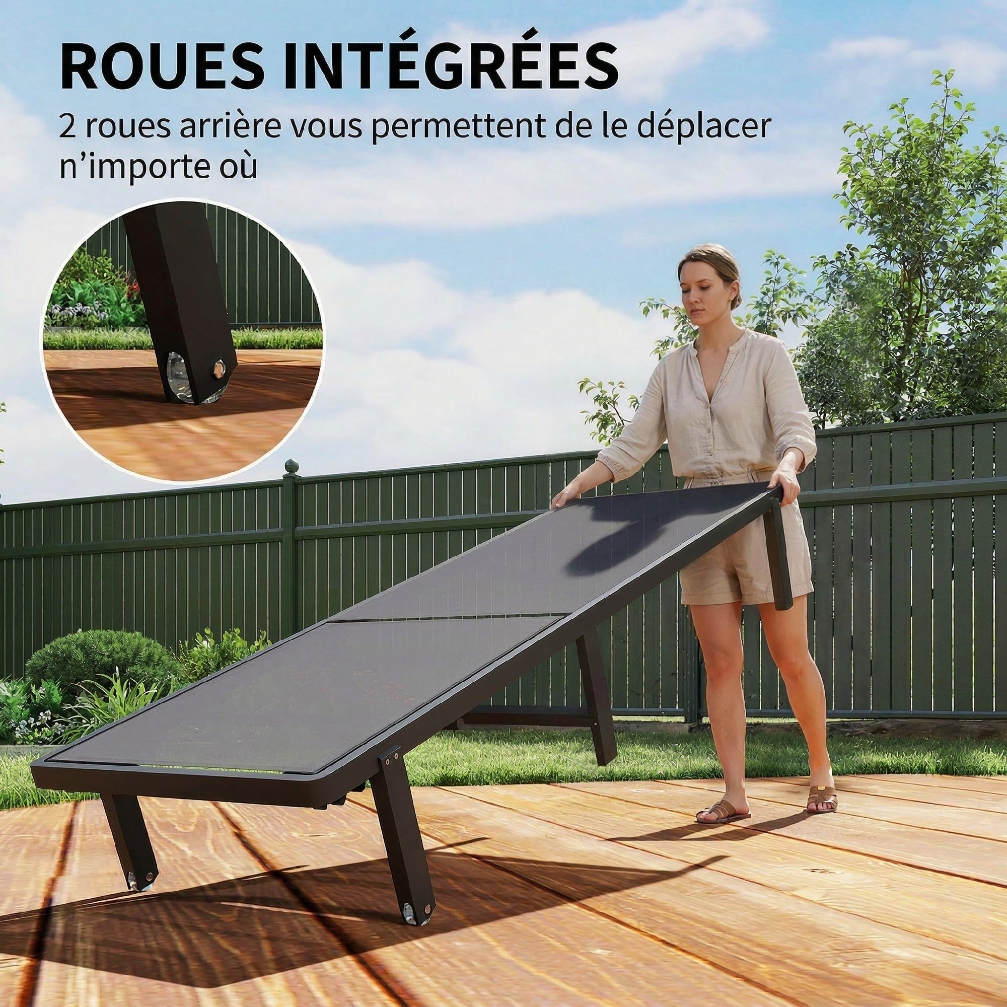 Outsunny Bain de Soleil roulettes Transat de Jardin Extérieur Gris Foncé
