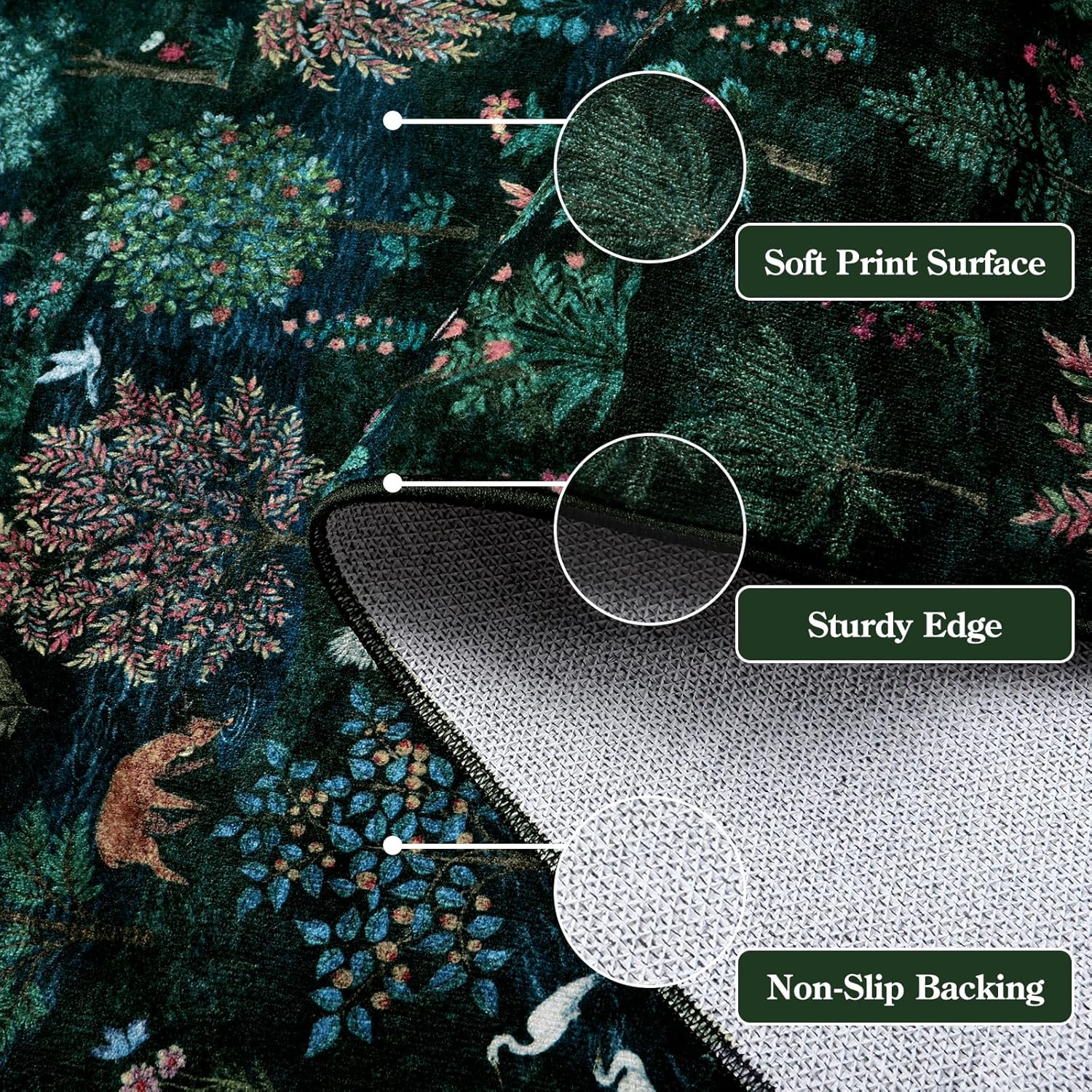 Wonnitar Washable Hallway Runner Rug, 2'6"x8' Dark Green Kitchen Runner Rugs, 8ft Non Slip Stain Resistant Forest Woodland Print Decor Carpet for Entryway Bedroom Laundry Bathroom