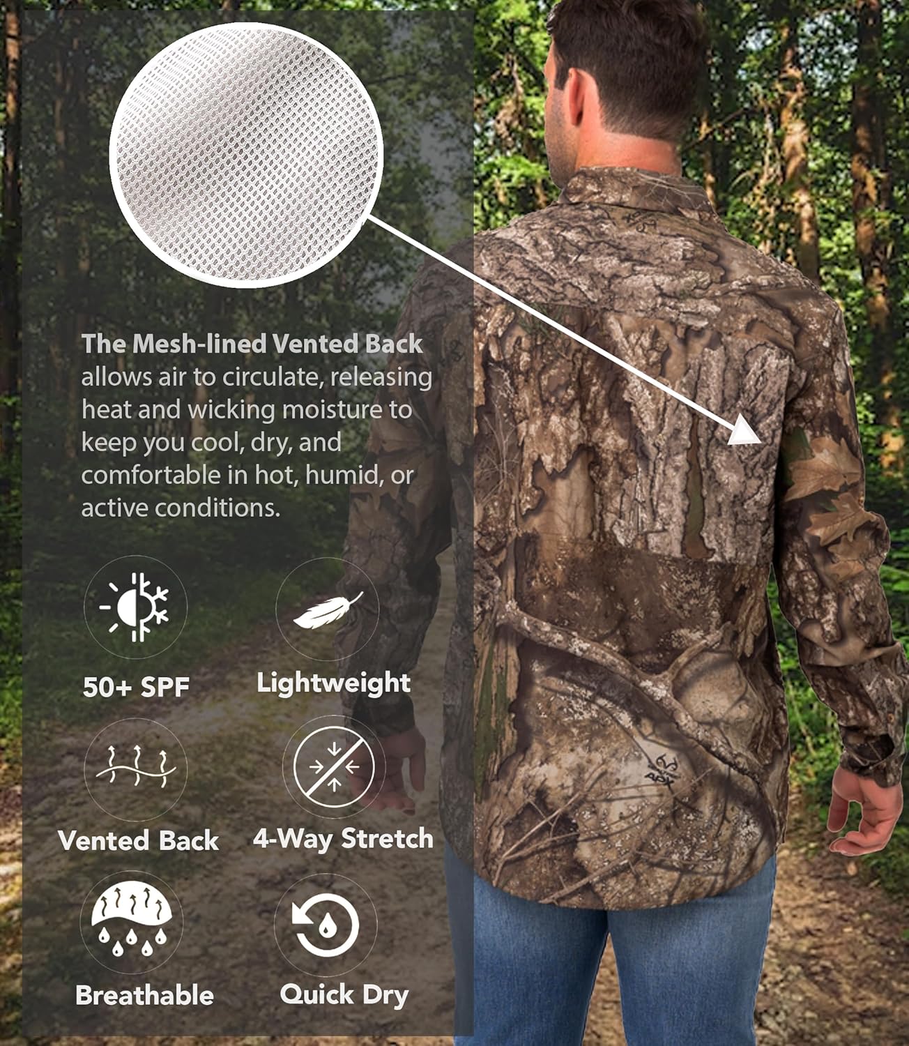 Realtree Men’s Long Sleeve Camo Hunting Shirt - Lightweight Breathable Button Down with UPF 50+ Sun Protection