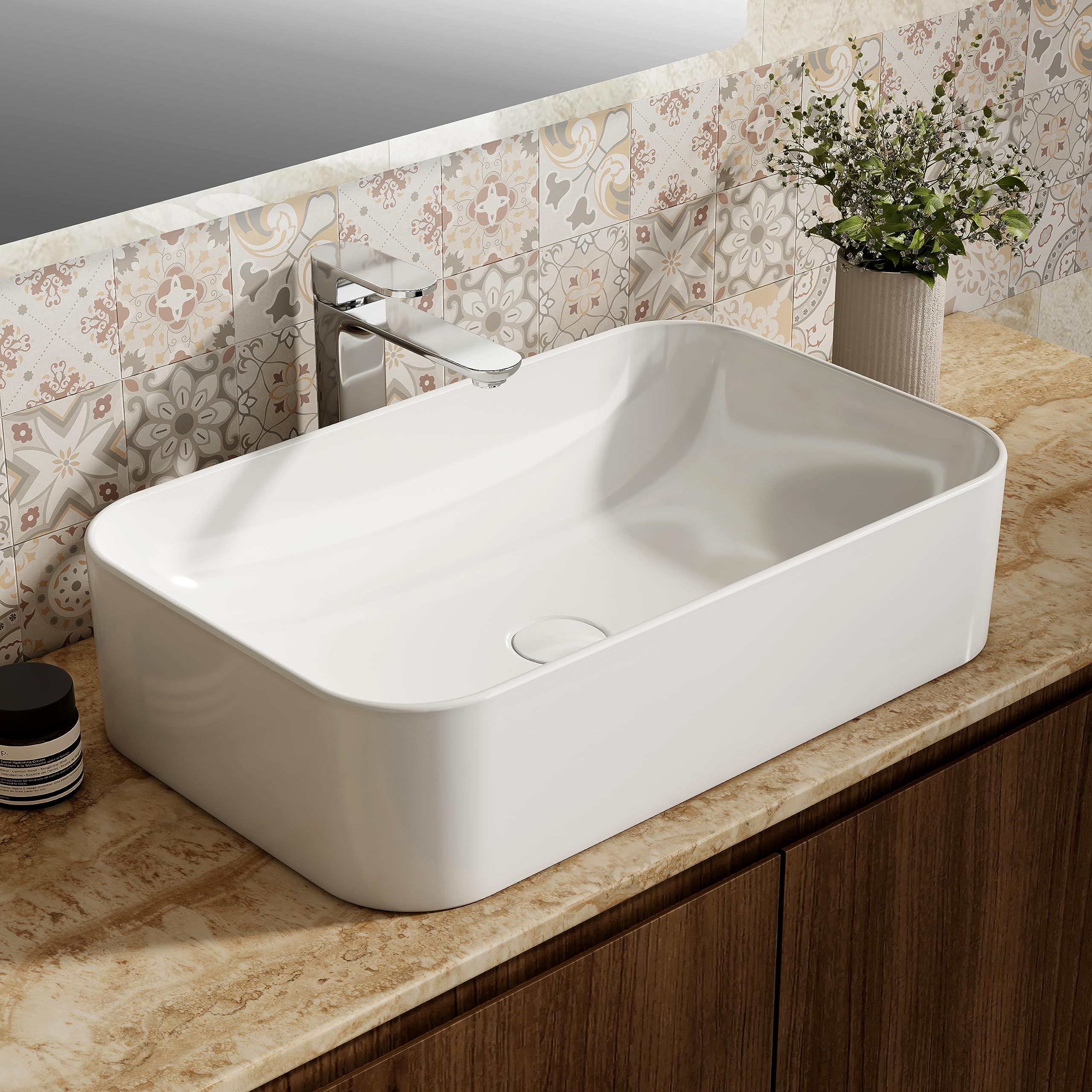 EMKE Lavabo à Poser Rectangulaire 61 × 38 × 15 cm, Vasque pour WC Invités, Bassin à poser en céramique pour lavabo, lavabo de salle de bain,Blanc