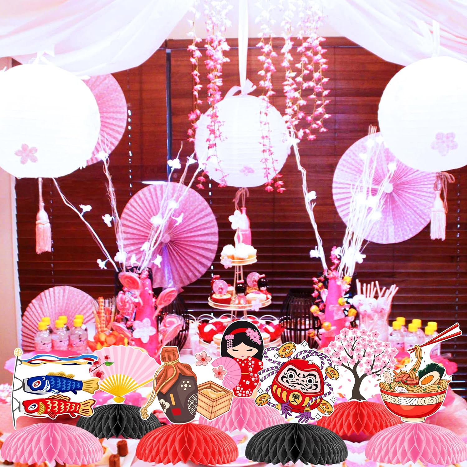 Japanese Themed Honeycomb Centerpieces LUCKYQUBE 12Pcs 3D Asian Table Decorations with Maneki Neko, Fuji Mountain, Asian Party Supplies for Japanese Party