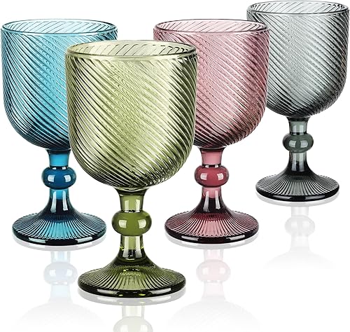 Joeyan Copas de vino vintage, copas de agua acanaladas en relieve, copas de vino de color con tallo para decoración de mesa de Navidad, fiesta,