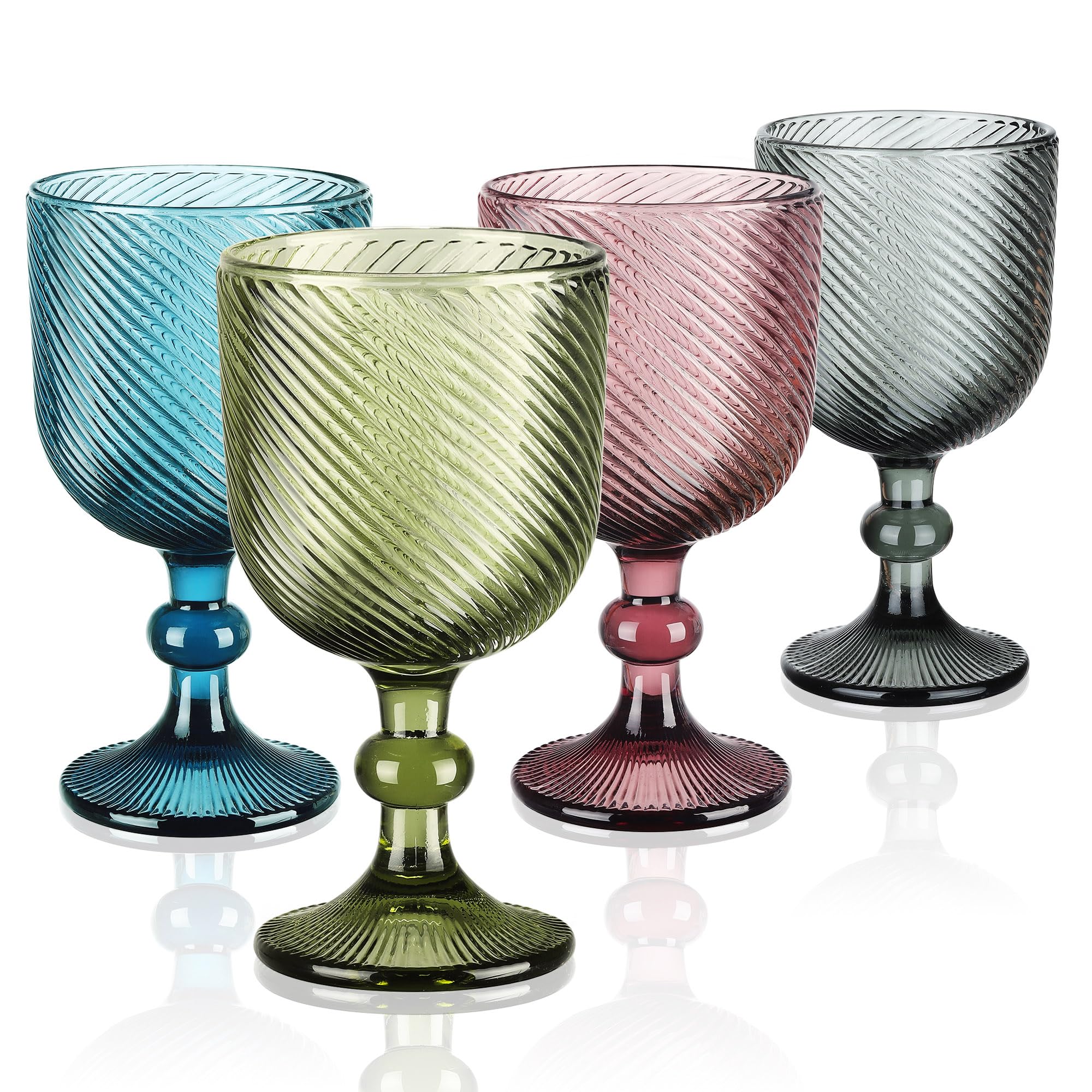 Joeyan 350ml Colored Vintage Glass Wine Goblet, Romantic Geometric Ribbed Embossed Drinking Glasses, Heavy Stemmed Wine Glasses for Christmas Party Wedding Table Decor, Set of 4, Dishwasher Safe