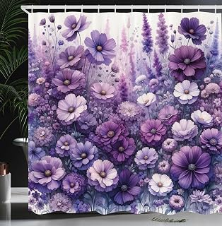 Ambesonne Purple Shower Curtain, Picturesque Cottagecore Style Flowers Meadow Monochromatic Pastel Tones, Cloth Fabric Bathroom Decor Set with Hooks, 69" W x 70" L, Lilac Lavender Quartz