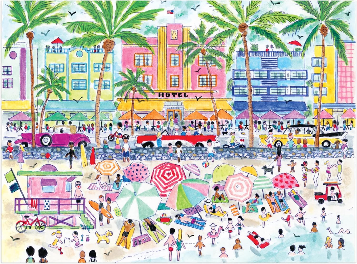 Galison South Beach Miami – 1000 Piece Michael Storrings Jigsaw Puzzle Featuring Beautiful Artwork of South Beach During Summertime