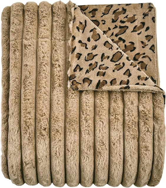 Softan Striped Faux Fur Blanket with Leopard Print Fleece Reverse, Reversible Cheetah Print Throw Blanket for Couch Sofa Bed, Soft Fuzzy Single Fall Thick Blanket Gift, Brown - 130 x 150 cm