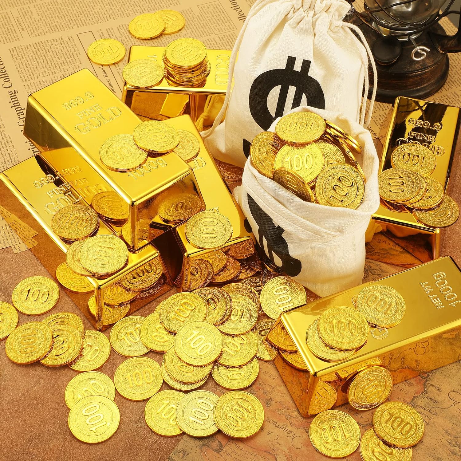 Liliful 112 Pcs Fake Gold Bar Set 6 Replica Brick Bullion Glittering Movie Props 6 Dollar Sign Canvas Money Bags 100 Plastic Gold Play Coins for Christmas Pirate Bank Robber Costume Party Game