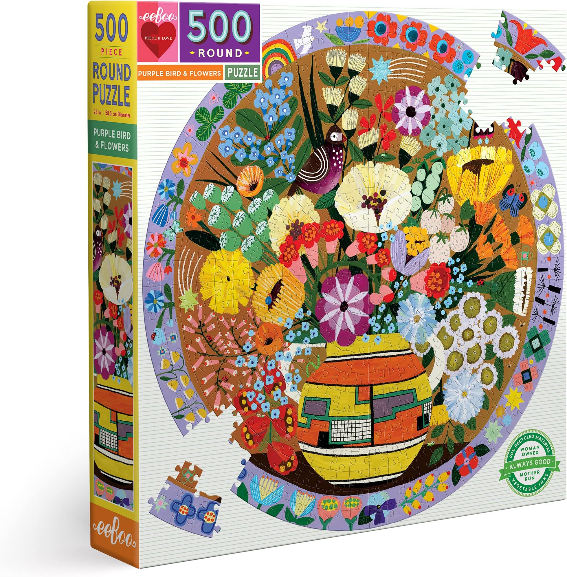eeBoo: Piece and Love Purple Bird and Flowers 500 Piece Round Jigsaw Puzzle, Sturdy Puzzle Pieces, A Cooperative Activity with Friends and Family