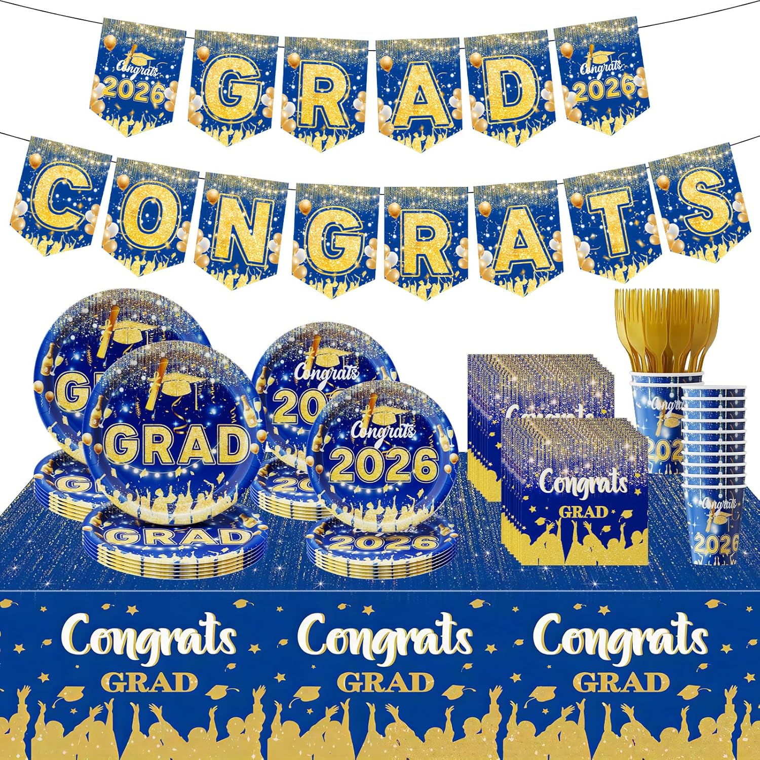 123 Pcs Blue And Gold Graduation Decorations 2026,Graduation Decorations 2026 Deals Set Include Tablecloth , Paper Plates, Cups,Forks, Napkins, Grad Banner Is Suit For Any Grad Party.