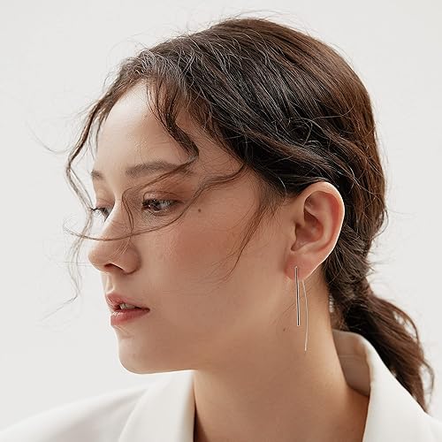 Miniatura 2 de Handmade Curved 925 Sterling Silver Earrings Hypoallergenic Drop Dangle Threader Earrings Minimalist Modern Long Thin Geometric Linear Threader
