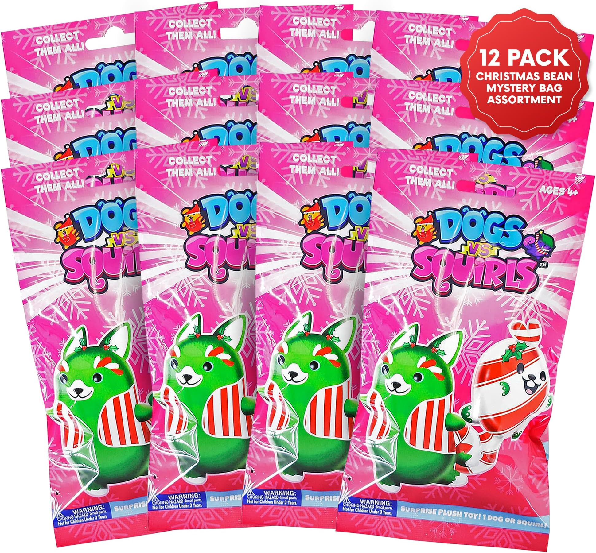 Dogs vs Squirls 2023 Christmas Mystery 12-Pack | Christmas Blind Bags for Boys and for Girls | Mystery Bag Stocking Stuffers | Plush Bean-Filled Dogs and Squirrels | Surprise Advent Calendar Toys