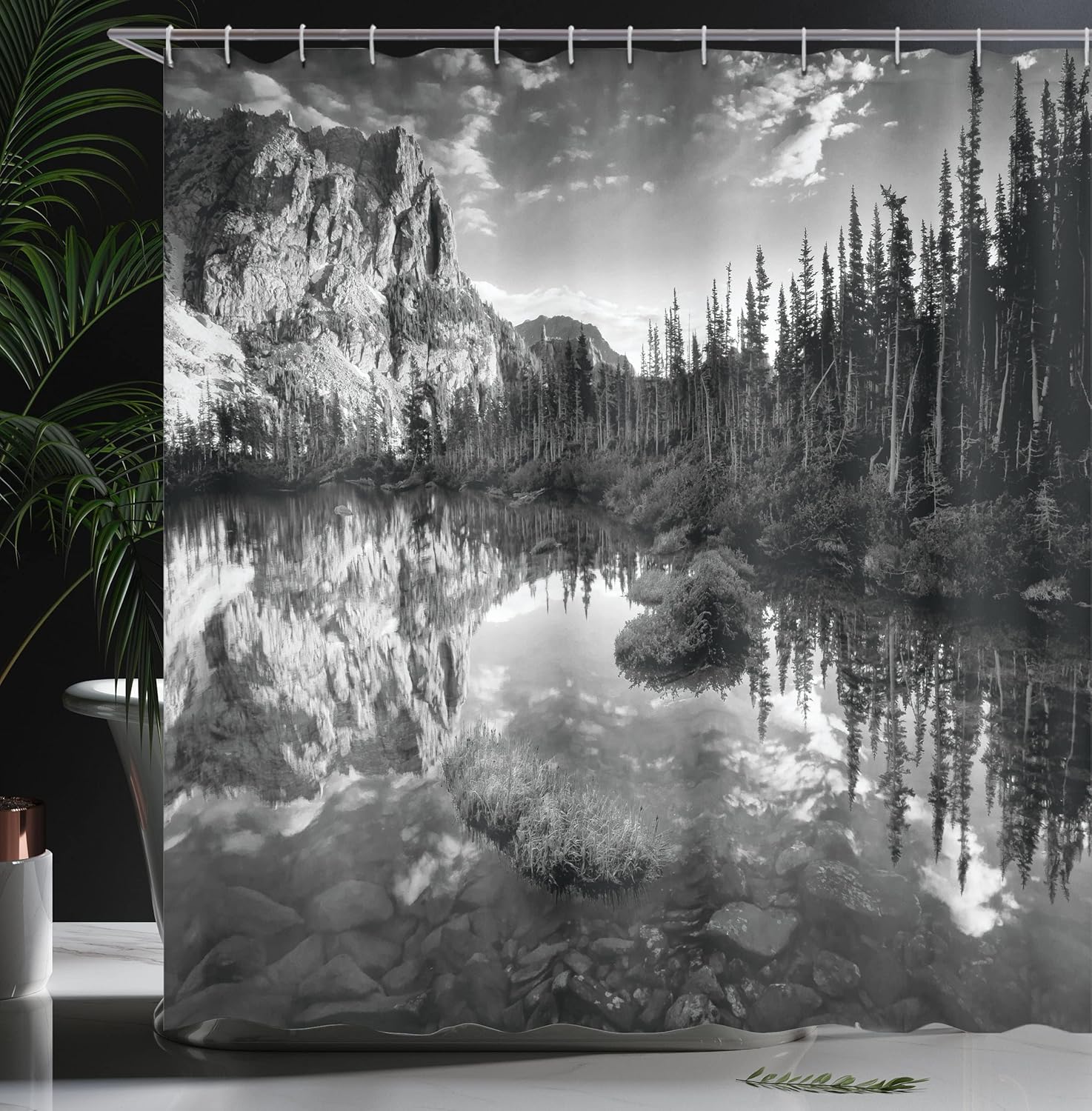 Ambesonne Nature Shower Curtain, Mountain Lake Creek Surrounded by Pine Tree Forest Hiking Serene Eco Scenery, Cloth Fabric Bathroom Decor Set with Hooks, 69" W x 70" L, Black and White
