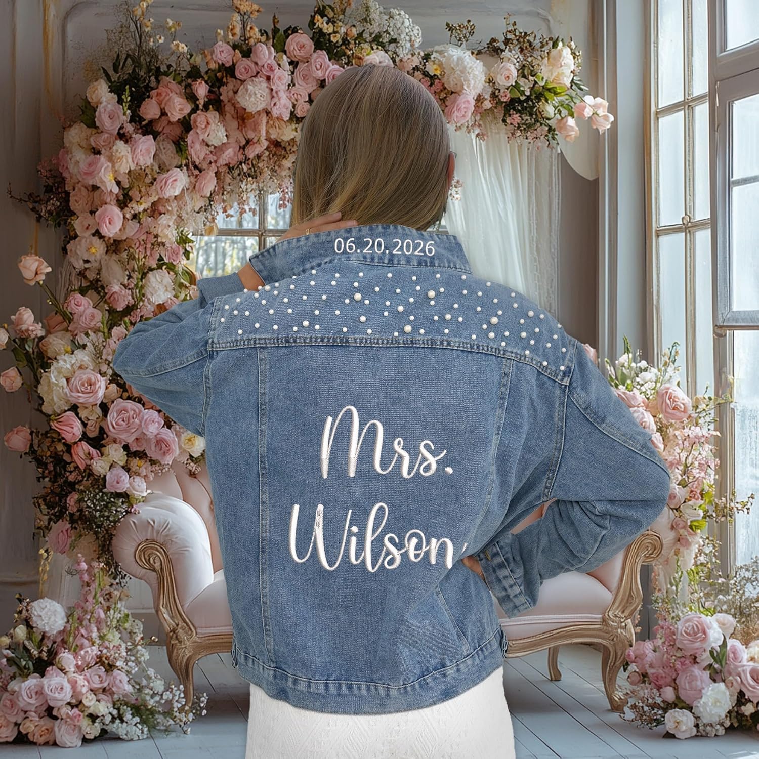 Custom Embroidered Bride Denim Jacket, Future Mrs Jean Jacket With Pearls, Wedding gifts for Bride - Image 5