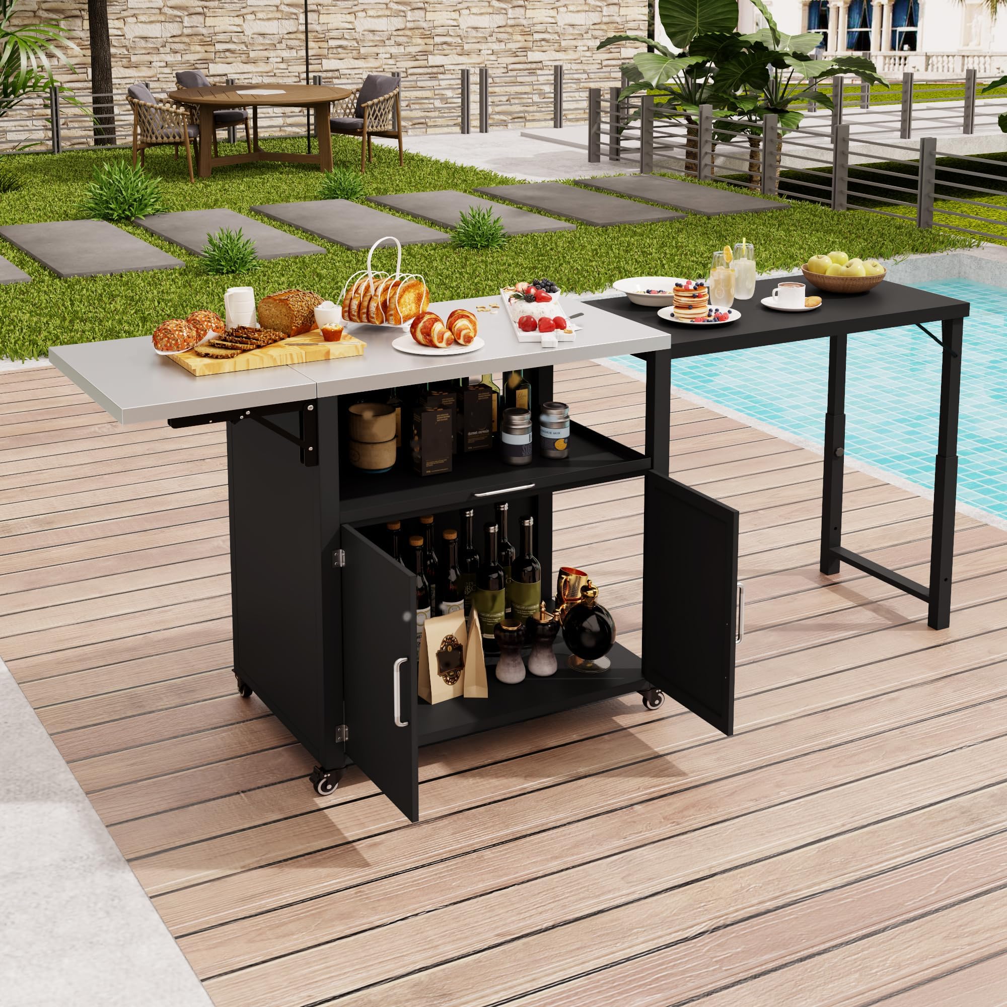 Versatile Outdoor Cabinet with Folding & Expandable Work Surfaces, Ample Storage Space, and Lockable Wheels