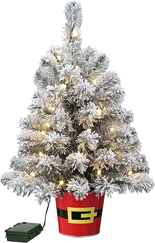Haute Decor Árbol de 20 pulgadas en maceta Night Night en maceta de metal rojo con cinturón de Papá Noel (nevado con luces transparentes) - Árbol de disponible en Yaxa Peru