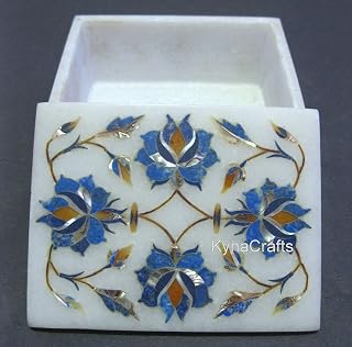 Natural Blue Stone Inlay Collectible Box for Table Decor | 4 x 3 Inches Office Accessories with Antique Pattern | White Marble Elegant Look Gift-able Box