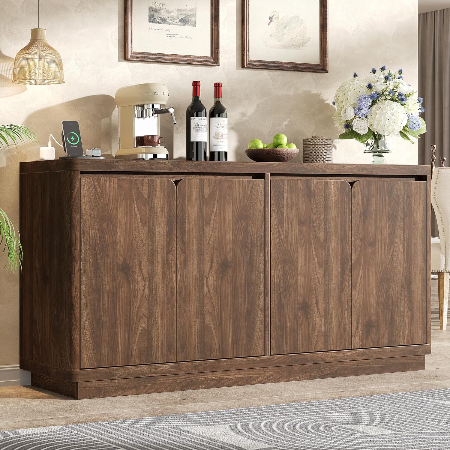 knoworld Buffet Cabinet with Storage, Outlet & Adjustable Shelves, Sideboard Cabinet with Double-Arc Doors, Classic Modern Wood Console Table & Credenza for Dining Room & Entryway