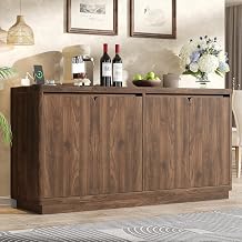 knoworld 63" Buffet Cabinet with Storage & Power Outlet, Wood Sideboard Credenza with Double-Arc Doors, Modern Coffee Bar Console Table for Kitchen Dining Room, Walnut