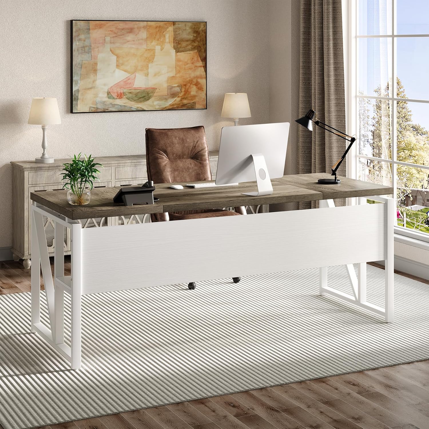 LITTLE TREE 63-Inch Executive Office Desk, Large Computer Desk with Storage Shelf, Executive Desk with Metal Frame, Thickened Desktop, Study Writing Desk Work Station for Home Office, Grey + White