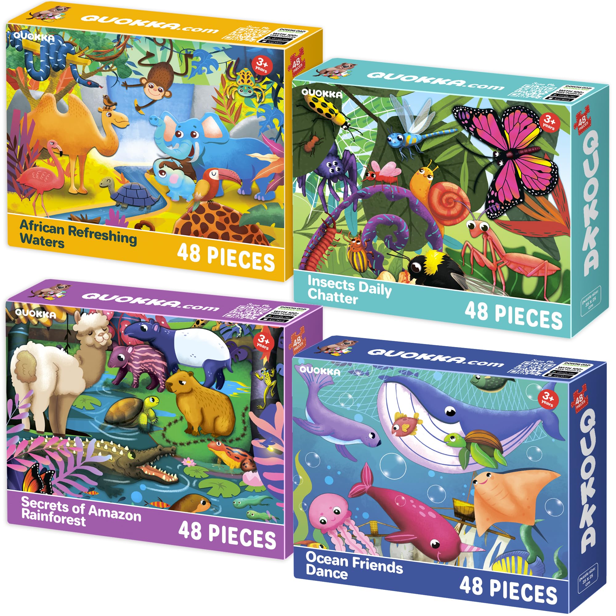 QUOKKA Rompecabezas para Niños Pequeños De 4-6 Años - 4 Rompecabezas De 48 Piezas 3-5 Años - Educativo De Insectos, Animales Africanos, Amazónicos Y Marinos 2-4 - Juego para Niños Y Niñas 4-8