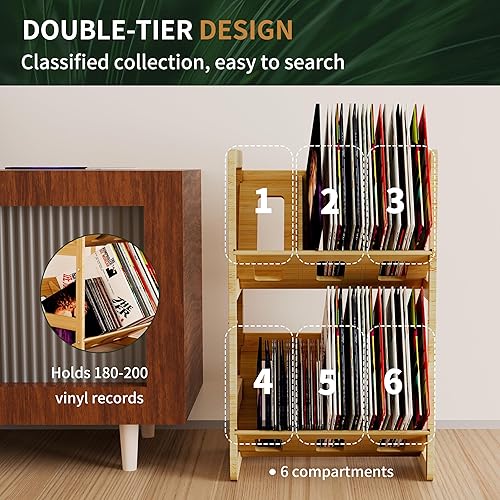 Miniatura 5 de Ackitry Almacenamiento de discos de vinilo de bambú, 180-200 LPs para álbumes, estante de 2 niveles con divisores, organizador de discos de vinilo
