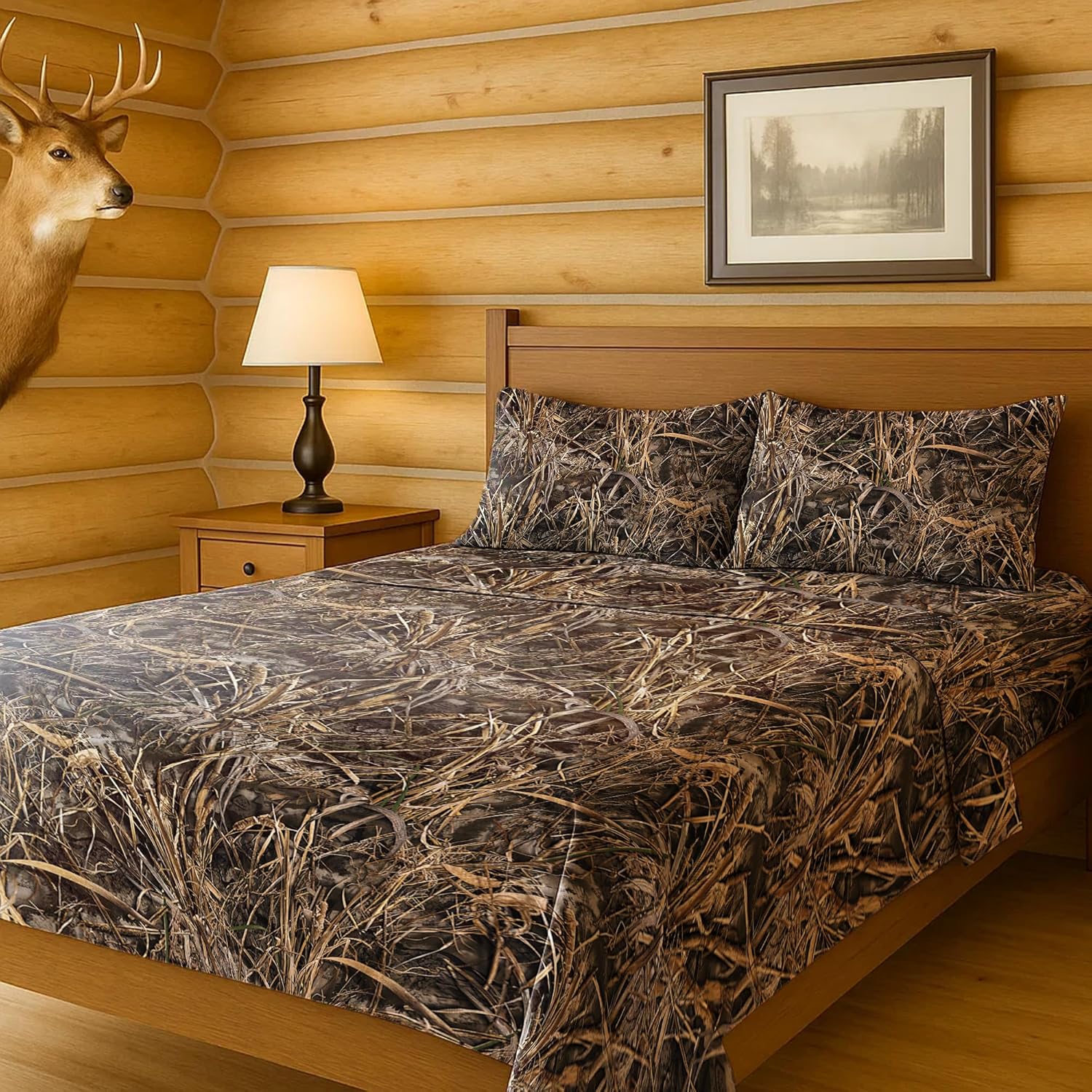 Northwest Realtree 4-Piece Queen Size Sheet Set, 1 Fitted Sheet, 1 Flat Sheet, 2 Pillowcases, Camo Bedding, Cabin Sheets, Edge Camo