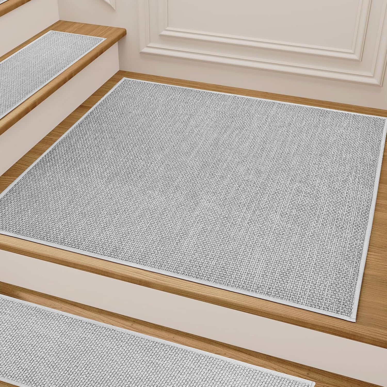 Comfortable Stair Landing Carpet Non Slip Breathable Linen Rug for Wooden Steps Peel and Stick Landing Mat Covers Indoor Absorbent with Self-Adhesive Backing 30"X30" Grey