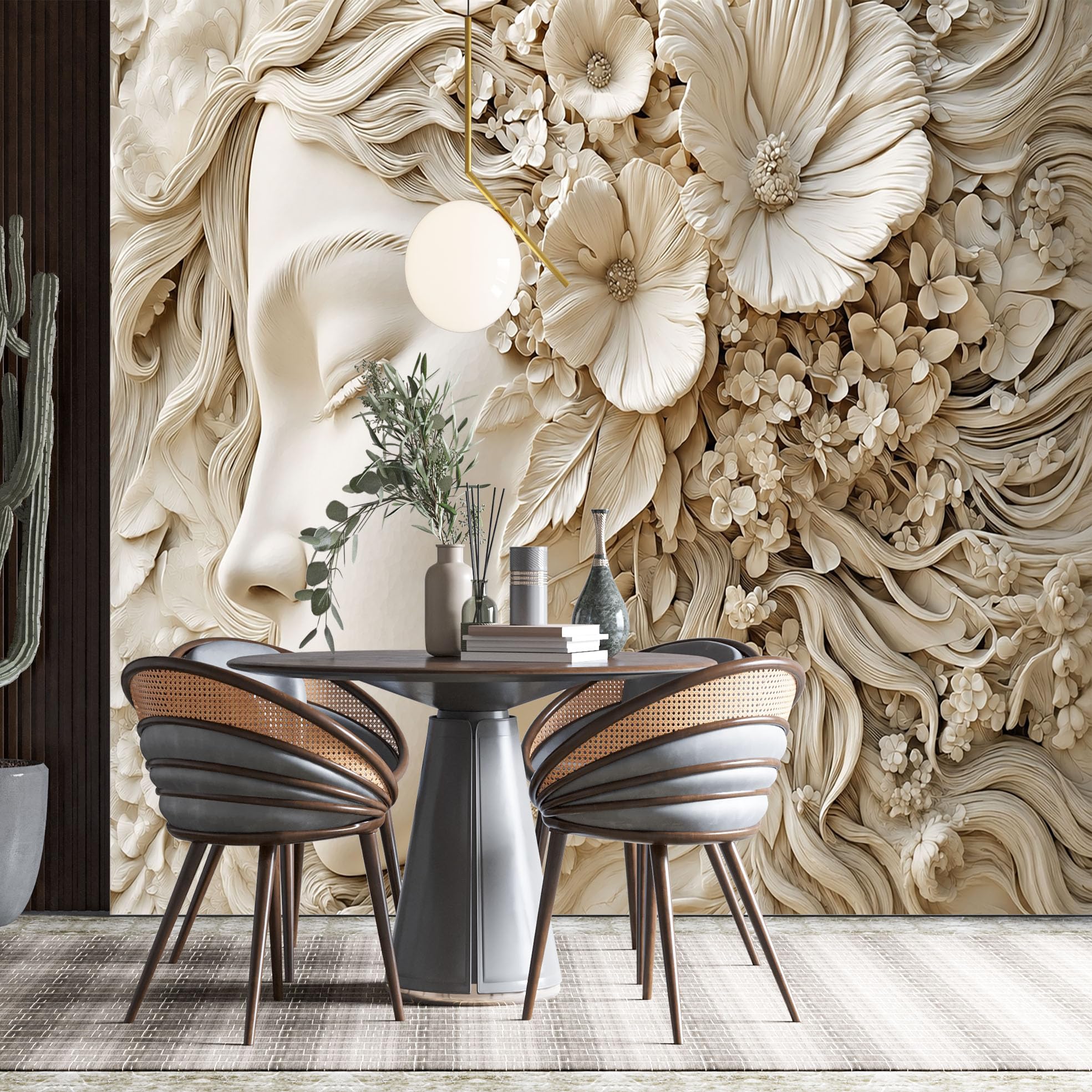 Grande Murale 3D Con Volto Femminile In Rilievo E Fiori 265X280 Cm (Lxa) Carta Da Parati Di Lusso Con Volto Femminile In Rilievo E Motivo Floreale In Tessuto Non Tessuto Ideale Per Camera Da Letto S