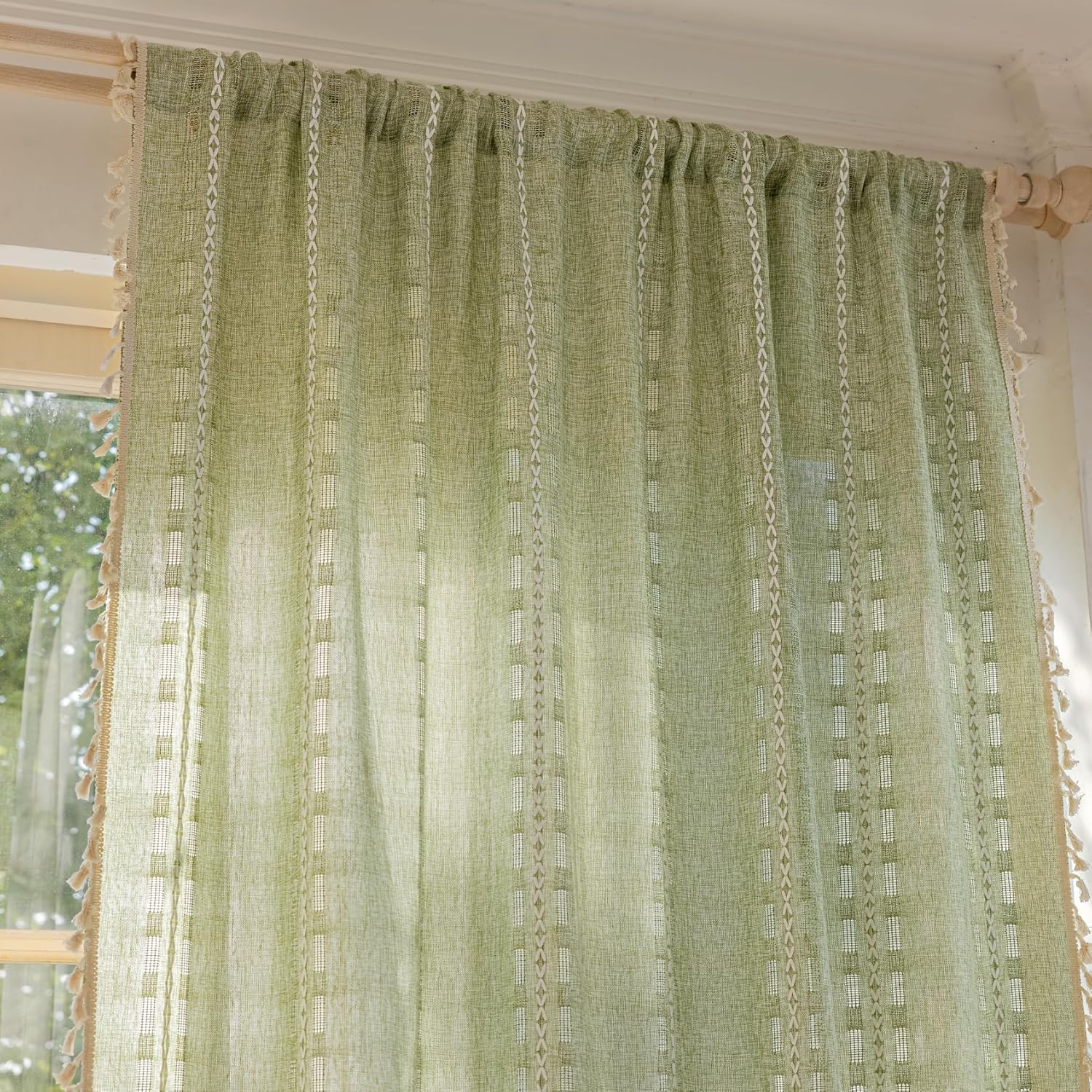 Deeprove Boho Curtain 63 inches Length for Living Room Bedroom Nursery, Retro Casual Bohemian Sheer 63 inches Long Stripe Embroidery Privacy Window Tassel Xmas Decor W52 x L63, 1 Panel Sage Green