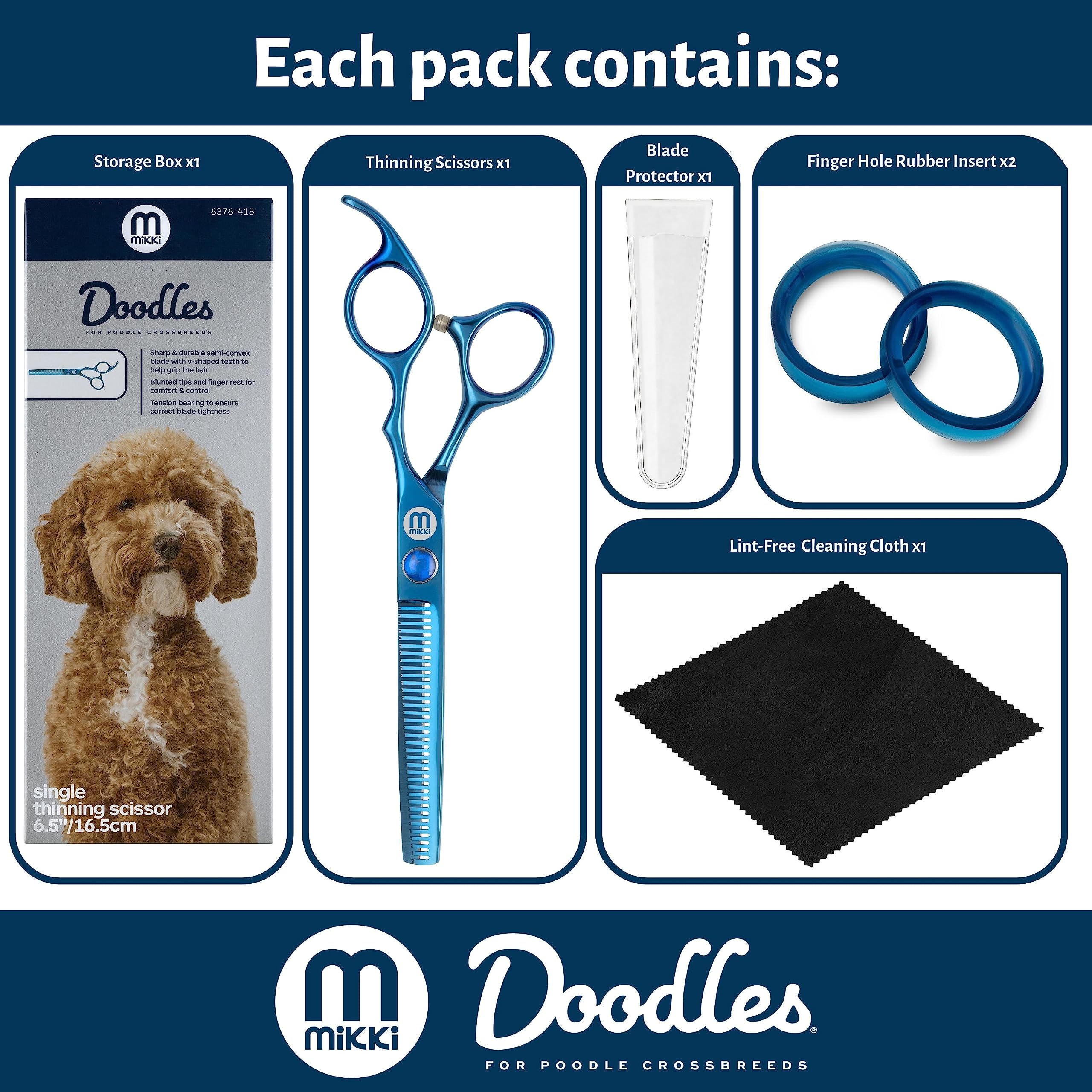 Mikki Doodle, Cane, Cucciolo Forbici Singole per sfoltire e sfumare, Lama Semi-Convessa affilata e Resistente, Punte di Sicurezza smussate, Vite di Tensione Regolabile per Controllo, 16,5 cm