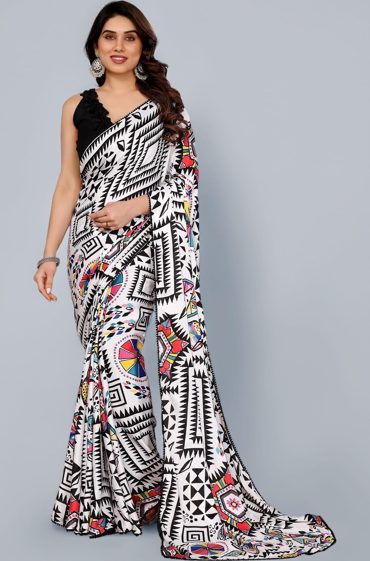 RAJESHWAR FASHION WITH RF Women's Printed Georgette Sarees For Ladies & College Girls Farewell With Lace Border & Blouse
