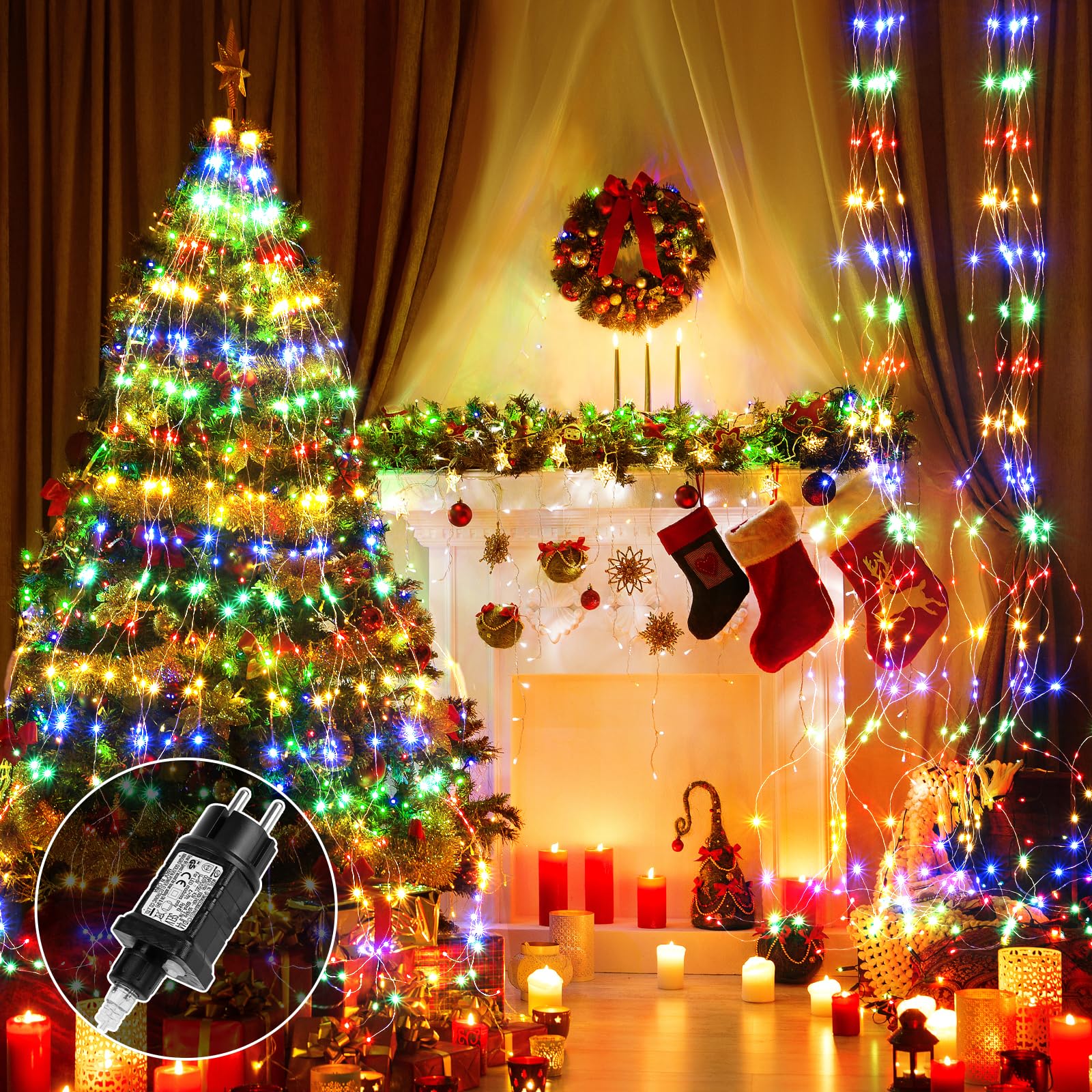Apritsce 2PCS Luces de Navidad Cascada, 2 M 200 LED Guirnalda Luminosa, Luces de Hadas 8 Modos con Temporizador, Luces Navideñas para Balcón Jardín Fiesta Boda Navidad Decoración (Vistoso)