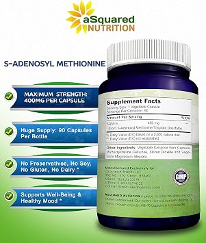 aSquared Nutrition SAM-e 400mg Supplement - 90 Capsules - Same (S-Adenosyl Methionine) to Support Mood, Joint Health, and Brain Function - Extra Strength Vegan SAM e Pills