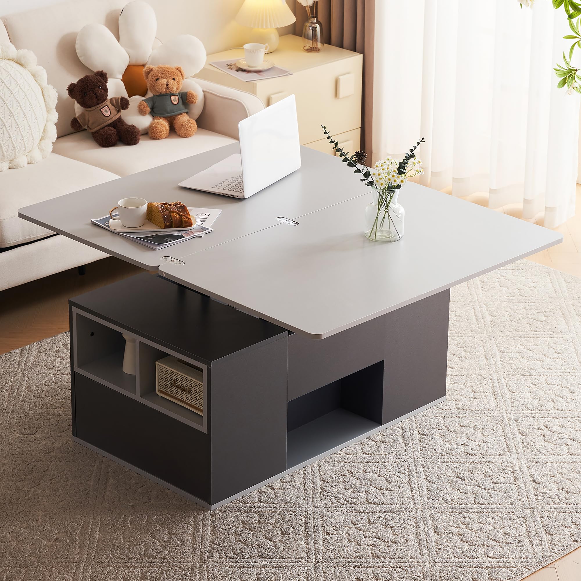 Mesa de Centro Multifuncional Elevable - Se Abre a 2 Mesas, Gran Capacidad, Muebles de Salón Modernos, Comedor de Oficina, Ocio (Gris Oscuro+Gris Claro)