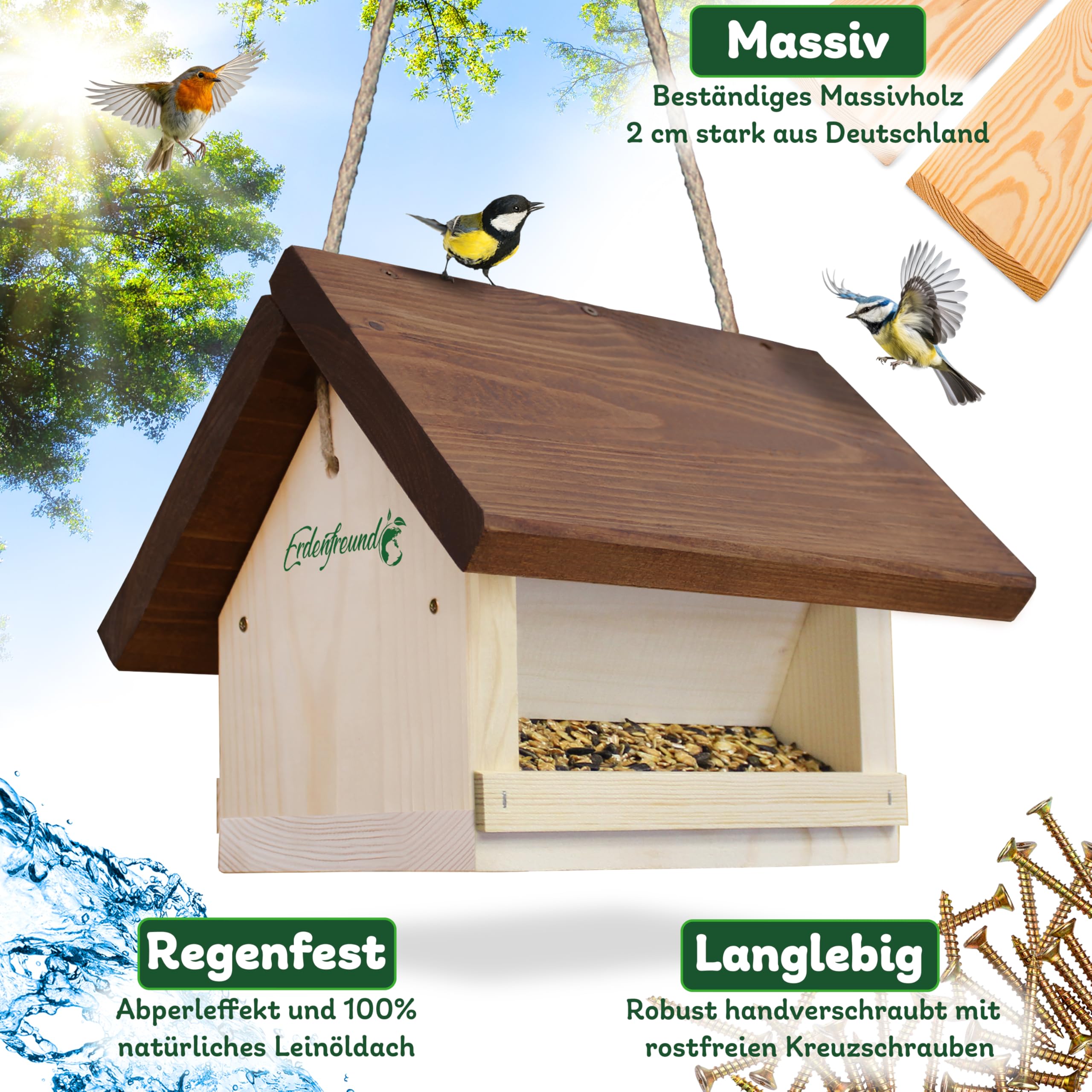 ERDENFREUND® Vogelfutterhaus mit Silofunktion für Wochenrationen Vogelfutterspender 2-seitiger Zugang für Gartenvögel Futterhaus für Vögel wetterfest