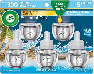 Air Wick Plug in Scented Oil, 5 Refills, Driftwood & Sea Spray (Turquoise Oasis), (5x0.67 Ounce), Essential Oils, Air Freshener, Packaging May Vary