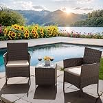 Flamaker Ensemble de meubles patio 3 Pièces Chaises de patio pour meubles d'extérieur Rattan tout-temps avec table en verre trempé pour balcon de porche Bistro (Brown/Cream)