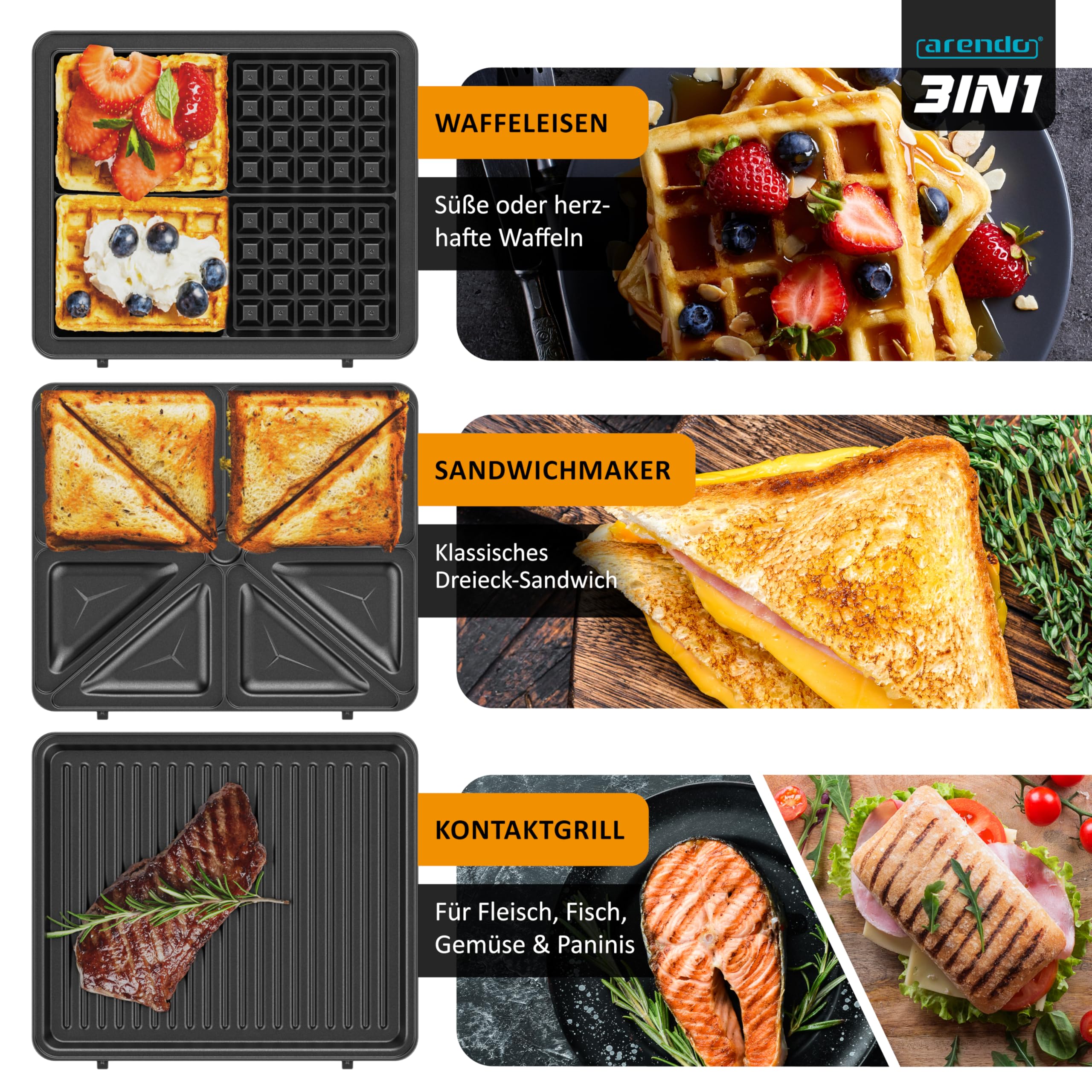 Arendo - Waffeleisen XXL 4er - 3 in 1 Sandwichmaker Kontaktgrill mit abnehmbaren Platten - mit Antihaftbeschichtung - Sandwichtoaster - 4er Platten - belgische Waffeln