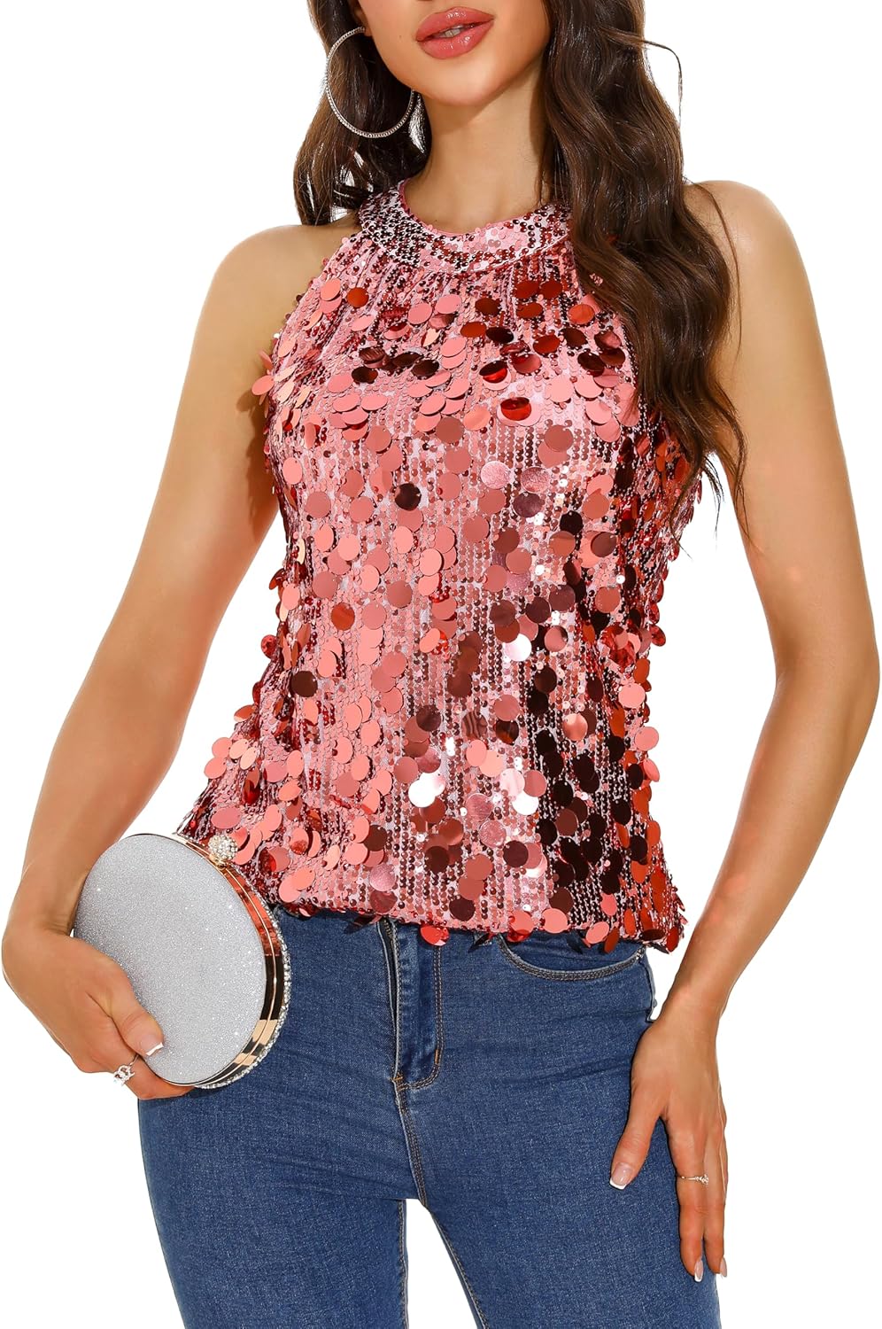GUANYY Halter Sequin Tops for Women Sleeveless Sparkly Glitter Shiny Tank Top Party Concert Sequence Blouse - Image 6